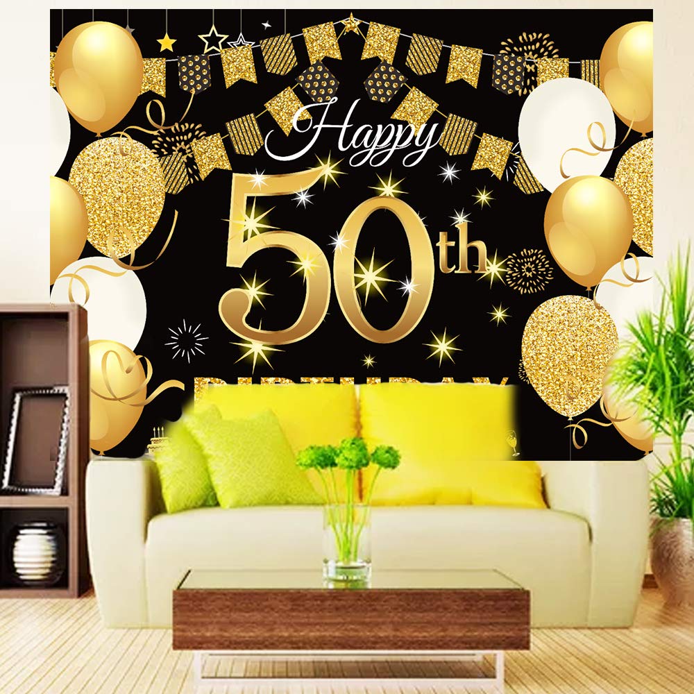Saliyaa 7X5Ft Happy 50Th Birthday Backdrop,Happy Birthday Party Decoration, Black Gold Birthday Sign Poster Photo Booth Backdrop