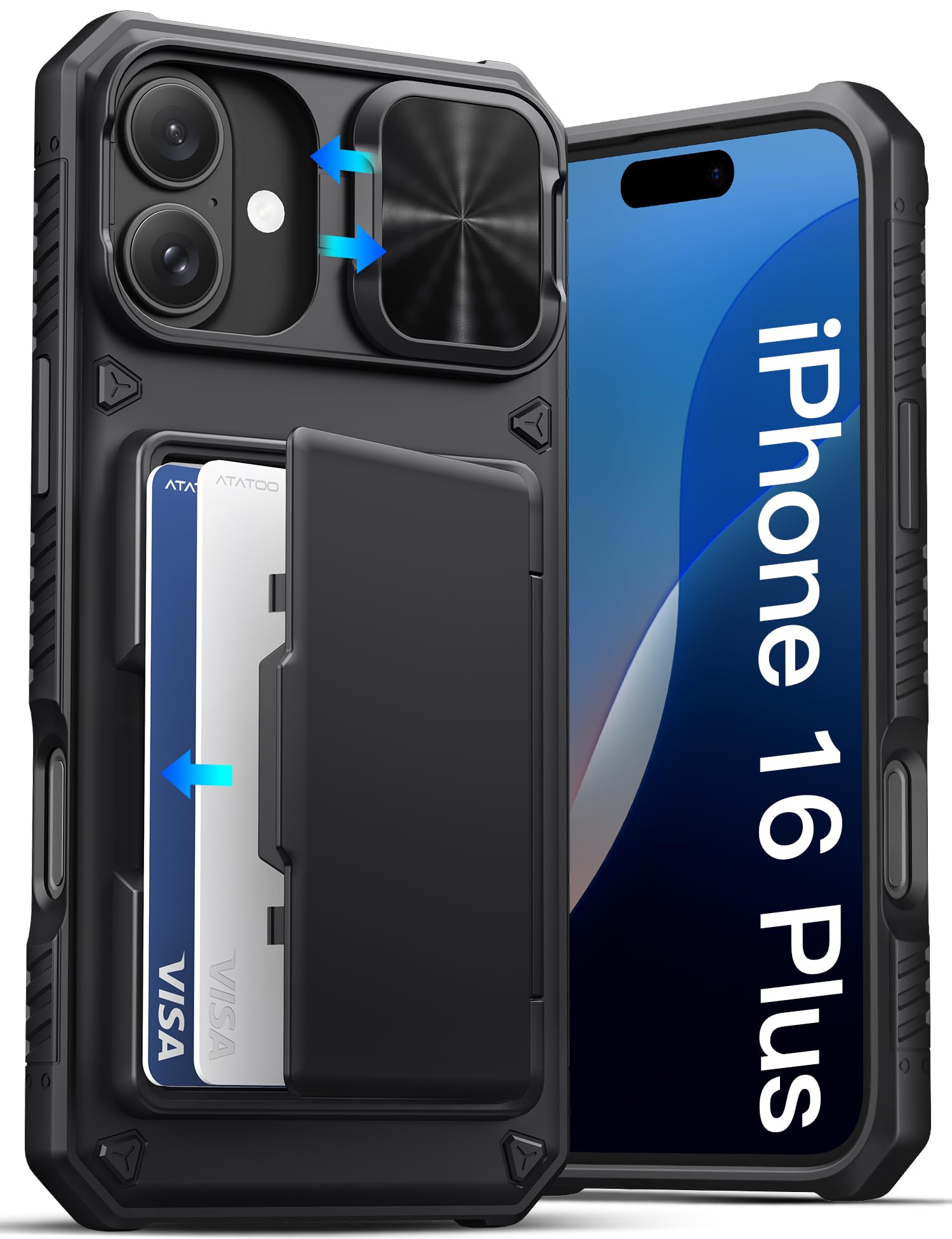 Atatoo For Iphone 16 Plus Case With Card Holder (Store 3 5 Cards) [Rfid Blocking] & Slide Camera Cover, Military Grade Protectio