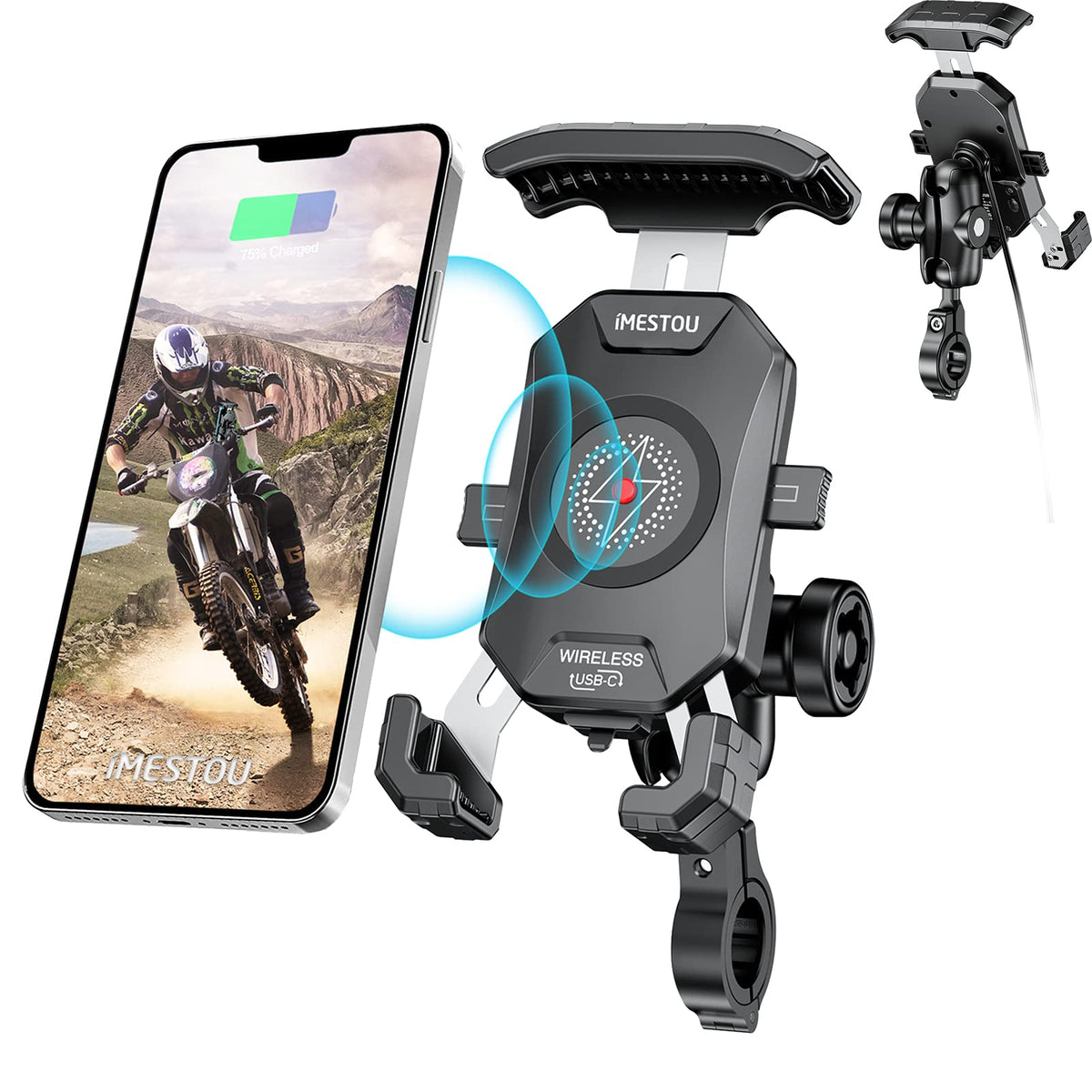Imestou Anti Theft Motorcycle Wireless Phone Mount Charger 15W & Usb C 3A Handlebar 1' Ball Phone Holder Works With 12V/24V Vehicle/Usb A Socket 720 Rotation Quick Charge For 4.0 7.0' Cellphones