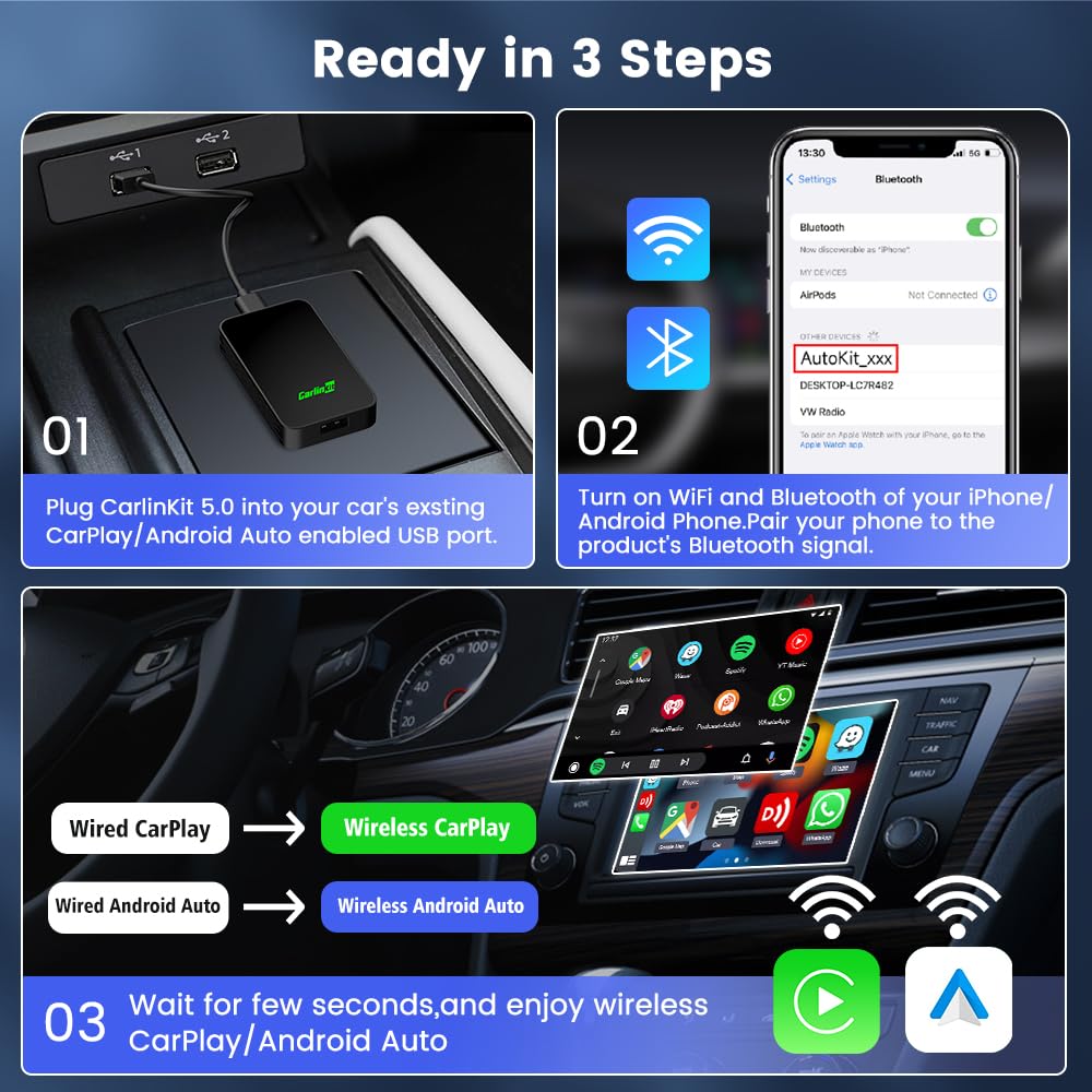 Carlinkit 5.0 Android Auto & Wireless Carplay Adapter,Plug & Plug, Two Channel Connection, Online Update,For Cars With Oem Android Auto & Wired Carplay (2016 2025), 10S Auto Connect