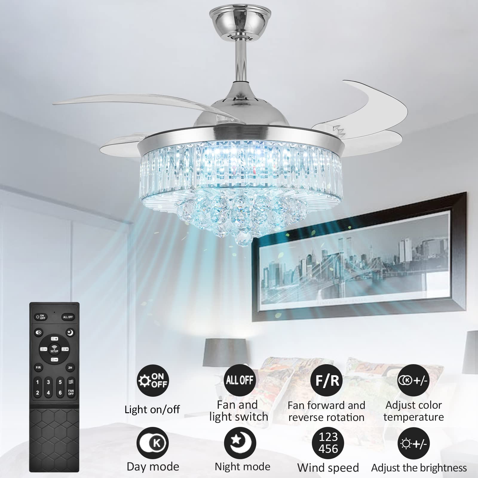 Wwahuayuan 42'' Ceiling Fans With Lights Remote Control, Reversible Chandelier Ceiling Fan Light For Bedroom Living Room In 3 Co