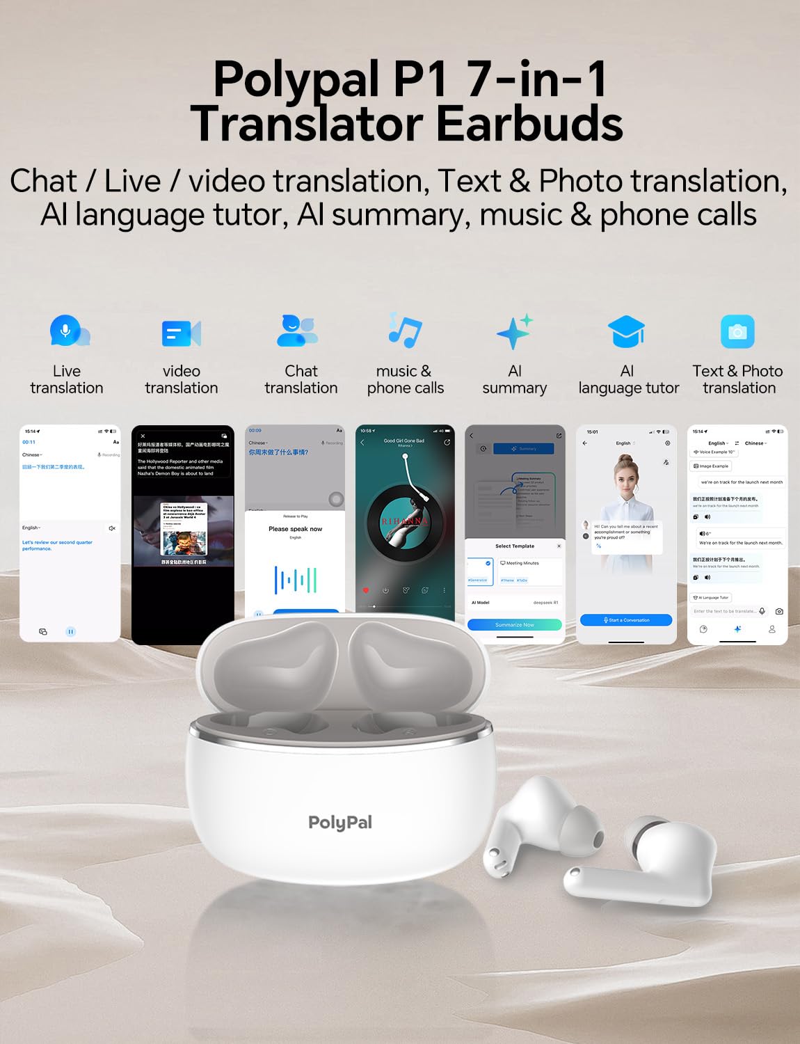 Polypal P1 - Ai Translator Earbuds For Real-Time Speech & Video, Support 138 Languages, Smart Noise Reduction, 7 Versatile Trans