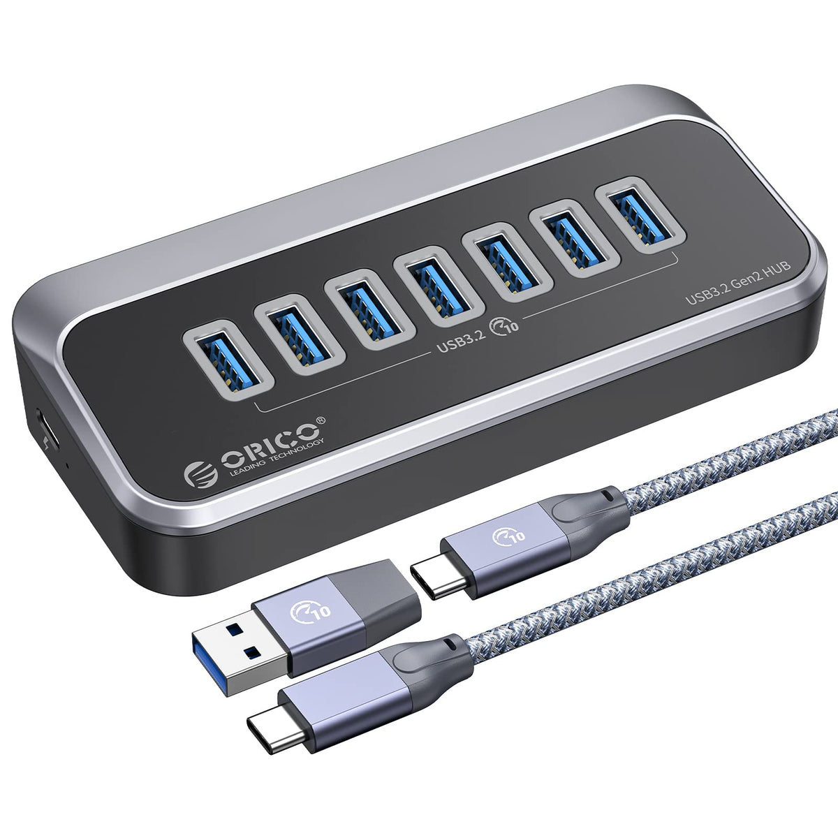 ORICO USB Hub 10Gbps with 7 USB A Ports, USB 3.2 Gen 2 Hub with 1.64Ft USB C Cable and USB A Adapter USB Splitter for iMac, All MacBooks, Mac Mini Plastic Version