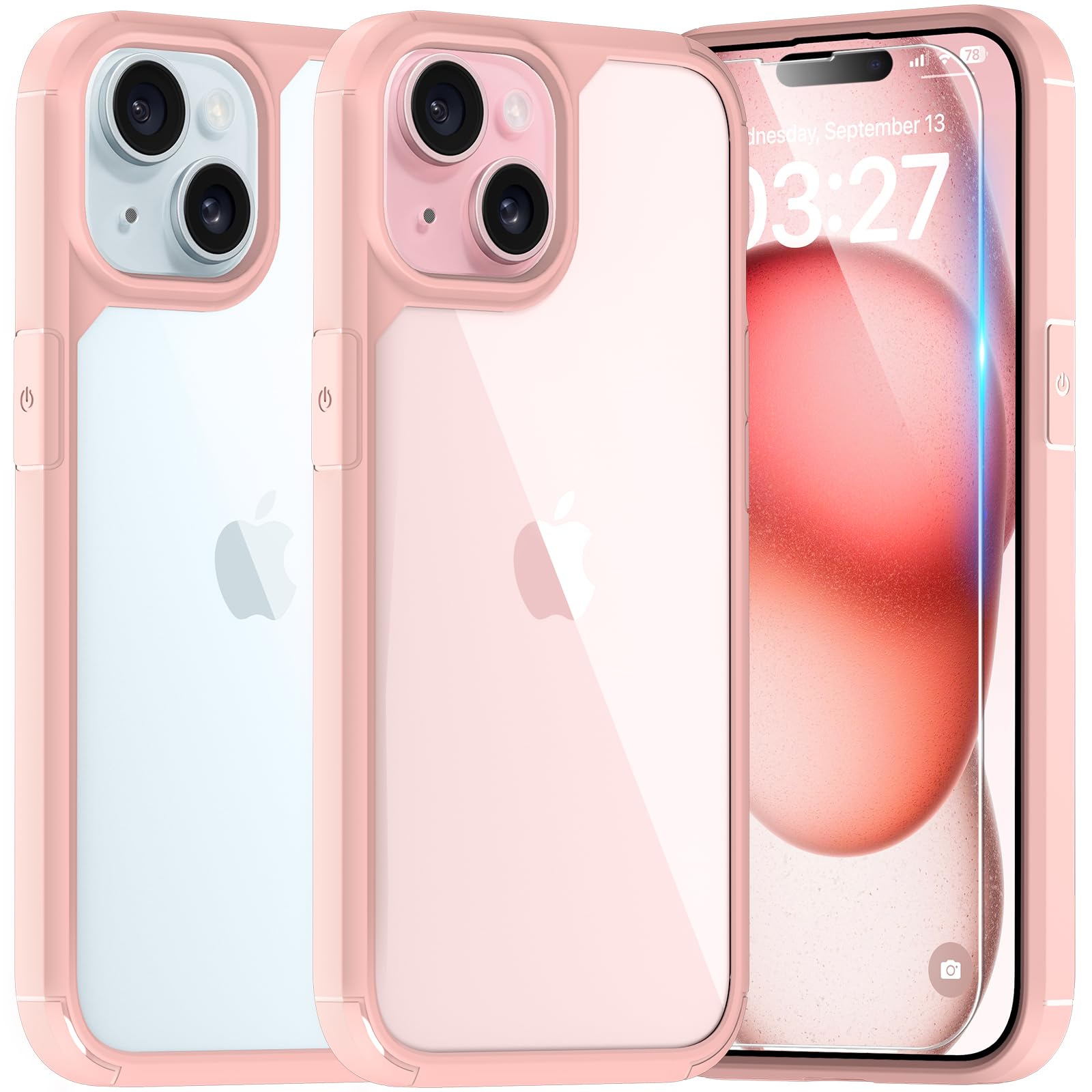 Tauri 3 In 1 For Iphone 15 Case, [Not Yellowing] With 2X Screen Protector, [Military Grade Drop Protection] Shockproof Slim Phon