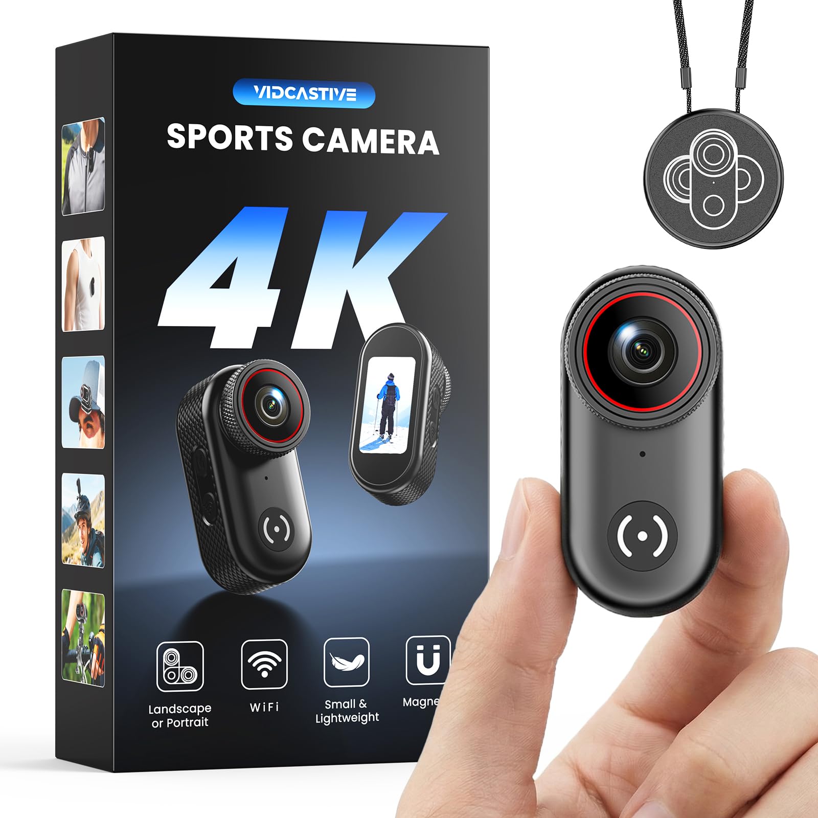 VIDCASTIVE 4K Mini Body Camera Wearable POV Action Cam with 1.47 Screen, 150-Min Battery, Magnetic & Clip Mount - Thumb-Size Spo