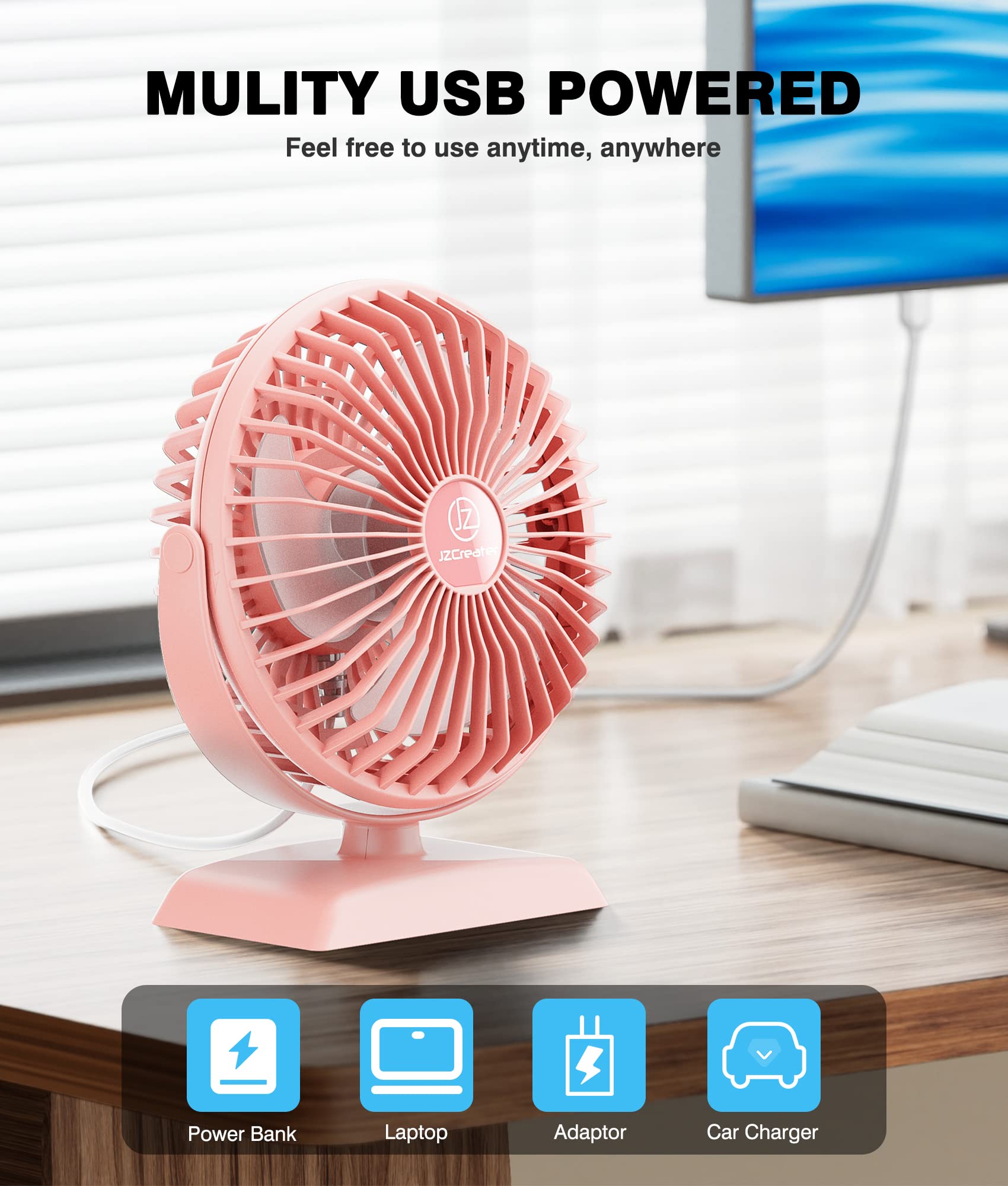 Jzcreater Usb Desk Fan, Usb Fan Mini, 360 Rotation Desktop Fan With 3 Speed, Table Personal Cooling Fan, Quiet Mini Desk Fan, Us
