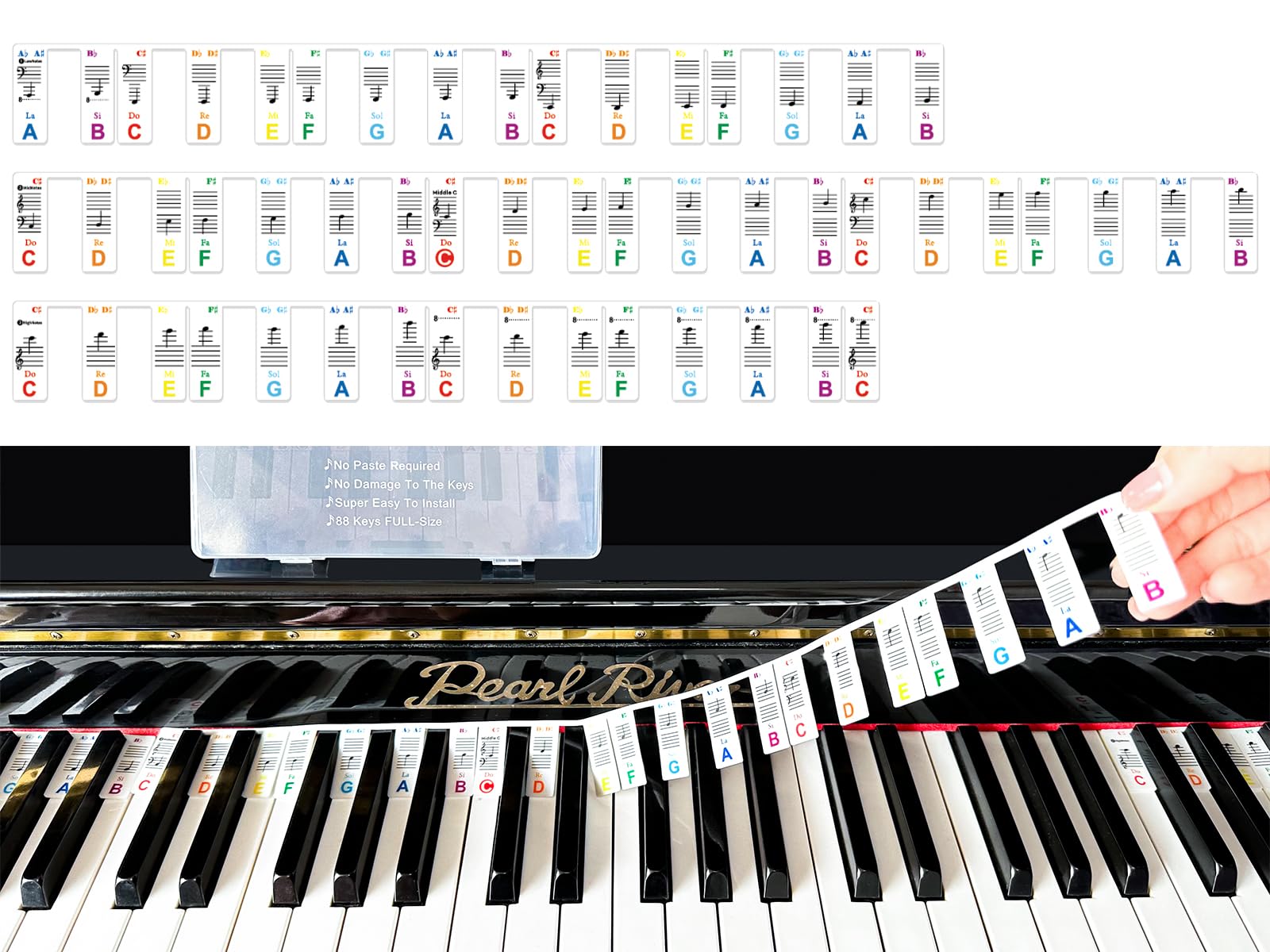 JYCSTE Colorful Piano Keyboard Note Labels & Chord Chart Poster, Reusable Silicone Stickers for 88 Key Piano, Beginner Friendly