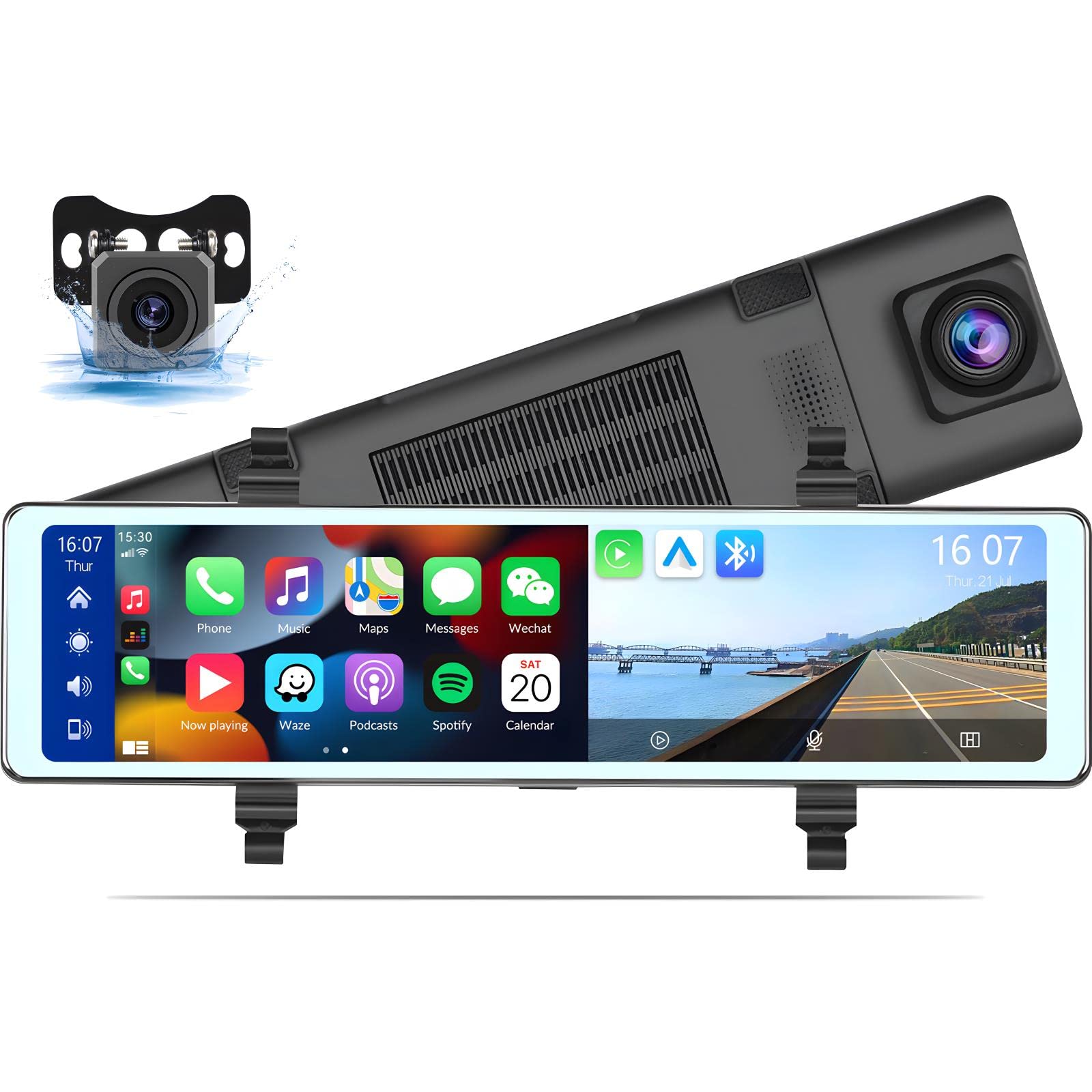 Mirror Dash Cam With Wireless Apple Carplay&Android Auto,11.26' Voice Control Rear View Mirror 1080P Front And Rear View Dual Cameras,Fm Transmitter,Night Vision,Parking Assistance, Wdr,Loop Recording