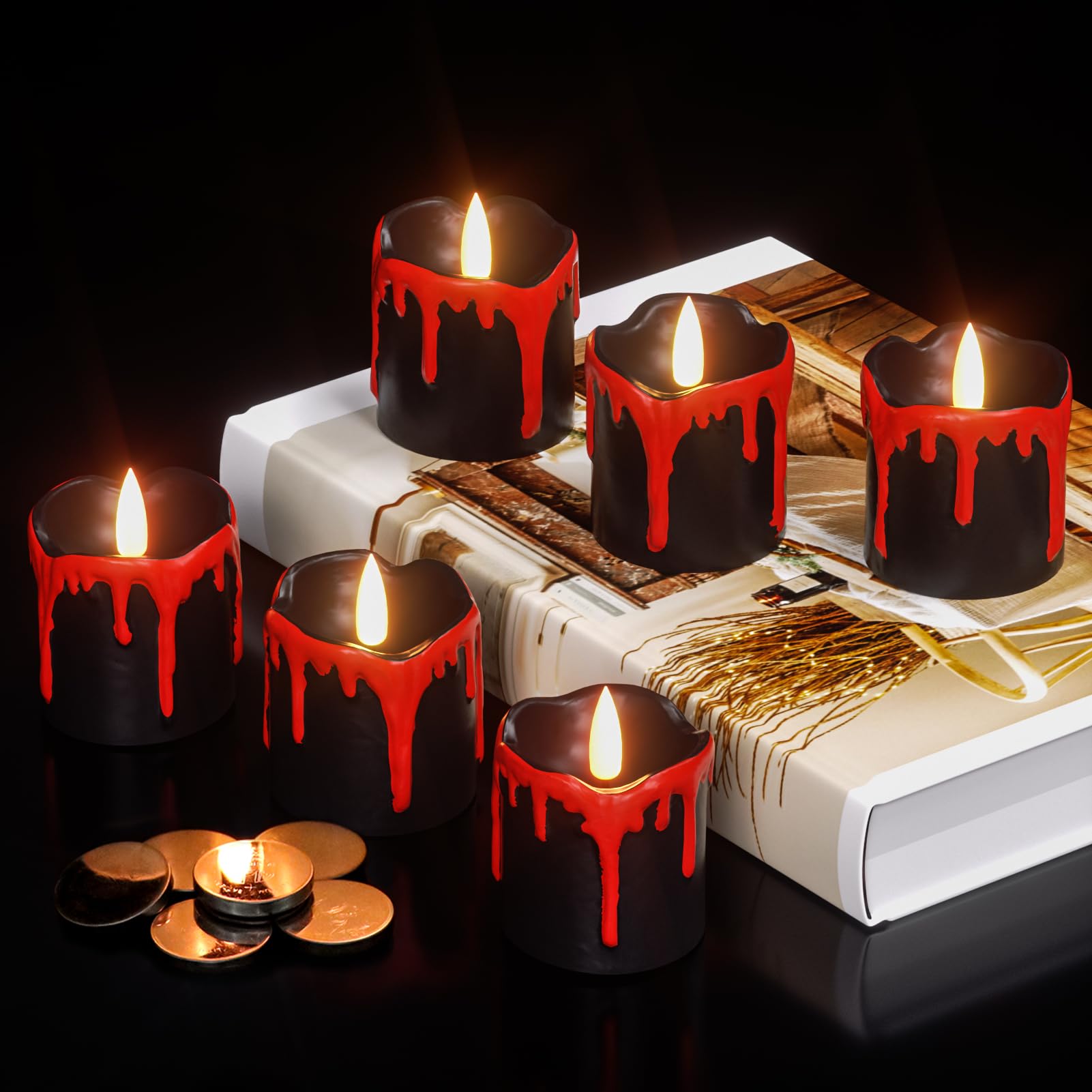 Kunswenn Halloween Black Votive Candles Battery Operated With Long Lasting Cr2450 Batteries, Led Flameless Flickering Tea Lights