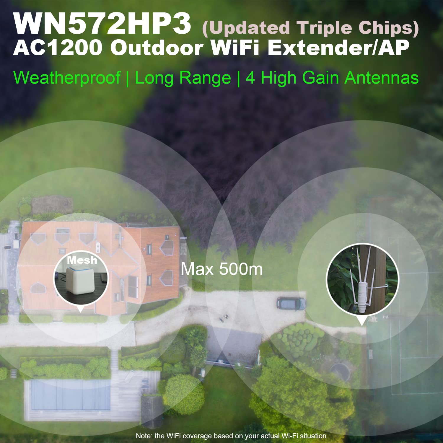Ac1200 Long Range Outdoor Wifi Mesh Extender With Ethernet Port & 4 Antenna, Mymax Wn572Hp3 Dual Band 1200Mbps Weatherproof Outs