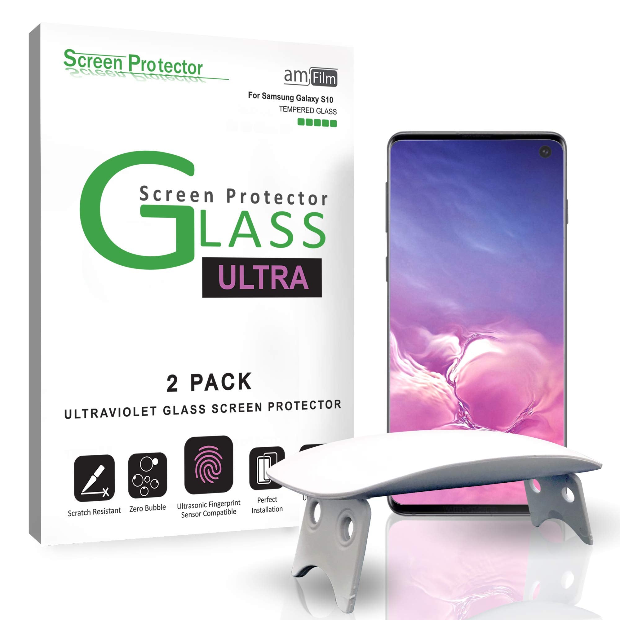 Amfilm Ultra Screen Protector For Galaxy S10, Uv Gel Application, Tempered Glass, Compatible With Ultrasonic Fingerprint Scanner