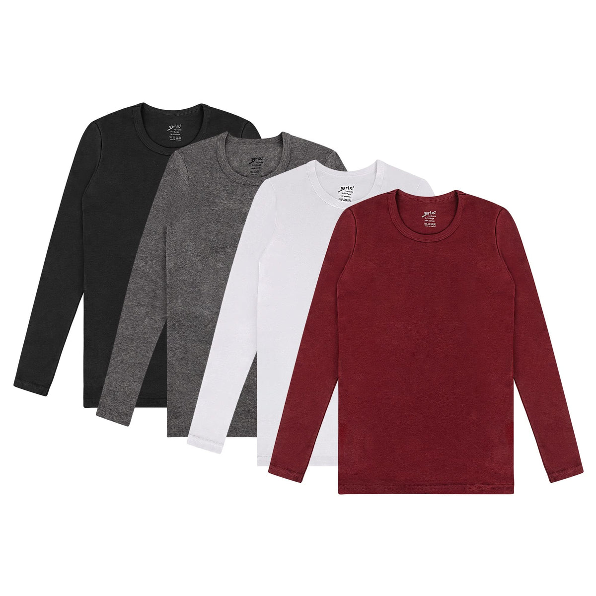Brix Boys Long Sleeve Tees   Tagless Crewneck Cotton Soft 4 Pk Shirts 2 20 (3 4T, Black, White, Grey, Marron)