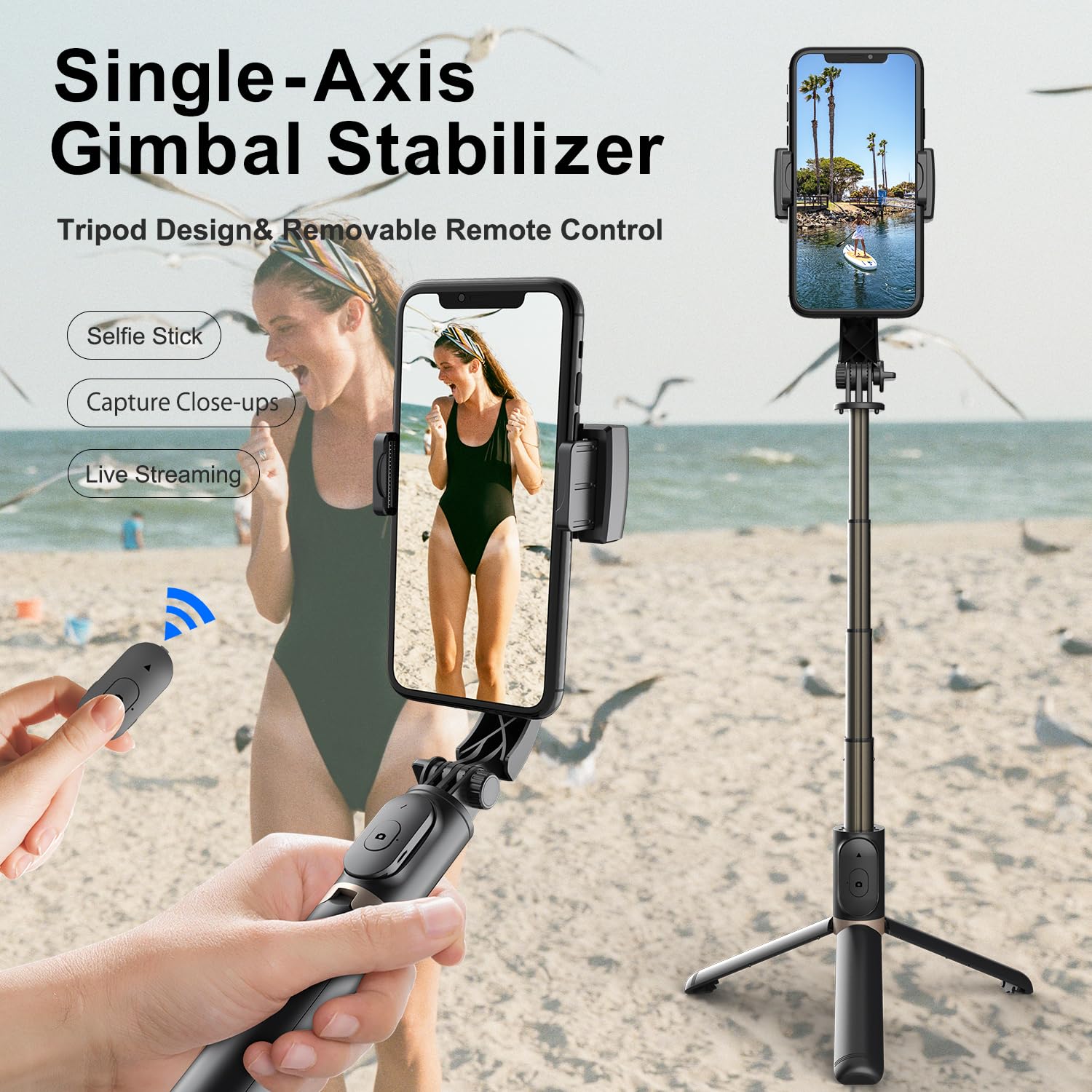 Gimbal Stabilizer For Smartphone,Selfie Stick Tripod With Remote Control Auto Balance 360 Rotation 1-Axis Phone Gimbal For Group