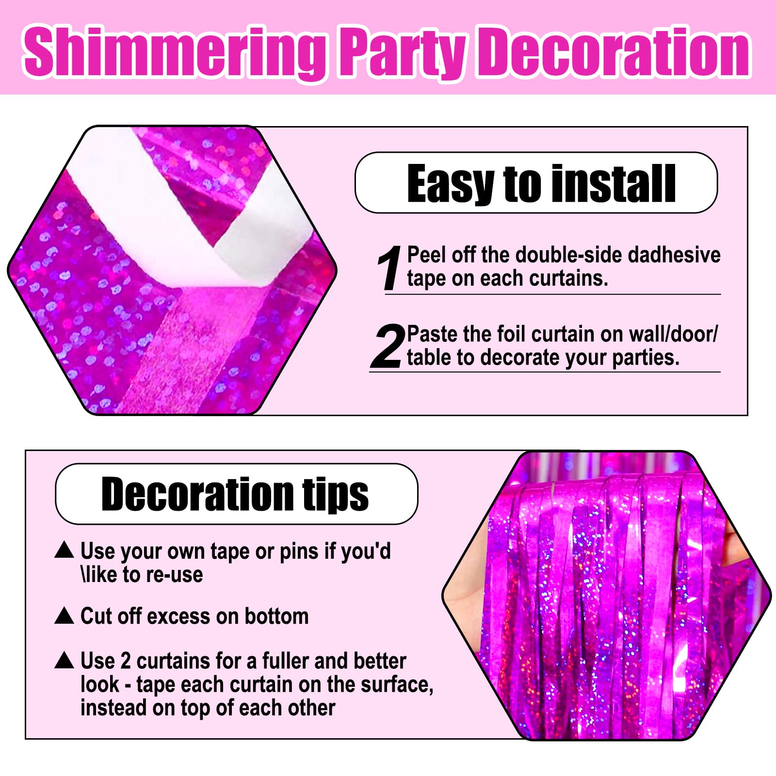 3 Pack Rose Red Foil Fringe Curtain Backdrop, 3.28Ft X 8.2Ft Metallic Tinsel Foil Fringe Streamer Curtains For Photo Booth, Vale