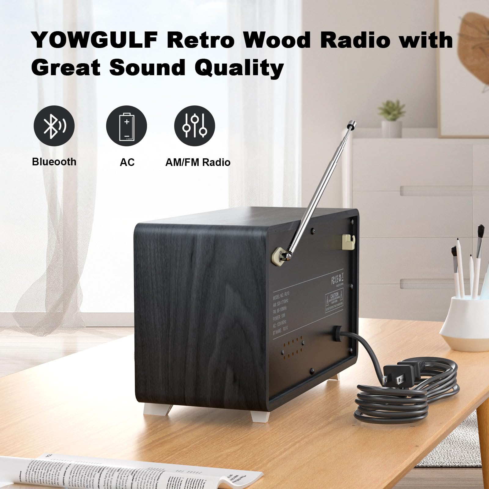 Yowguif Am Fm Radio Classic Retro Wood Table Radio Bluetooth Speakers Radios Plug In Wall With Rotary Knob Great For Home, Offic