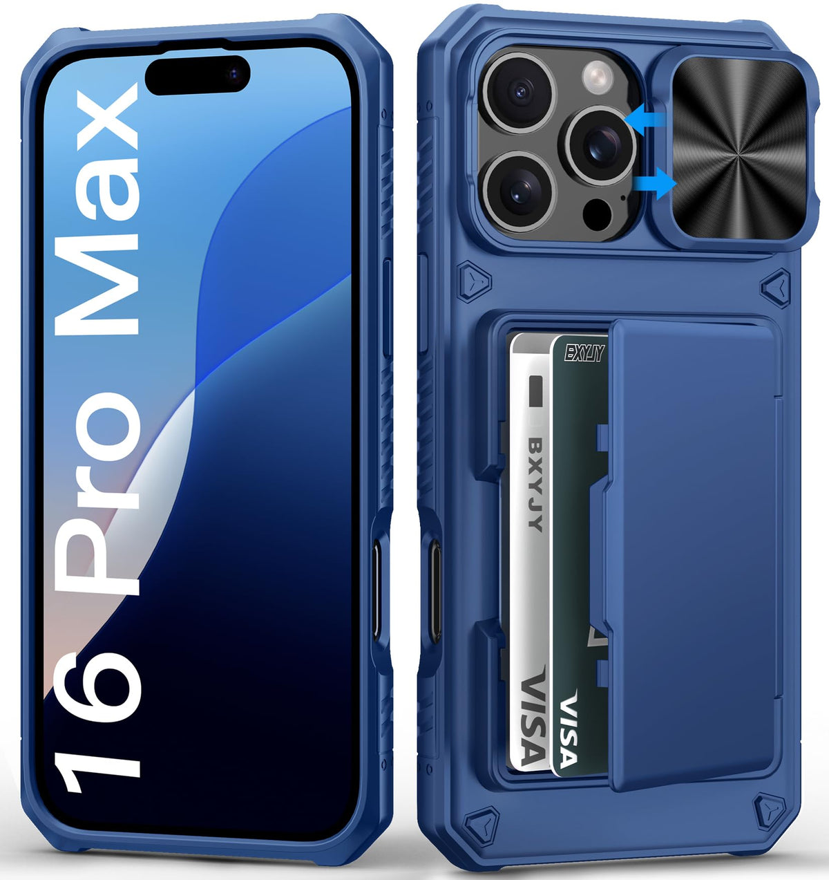 Bxyjy For Iphone 16 Pro Max Case With Card Holder (4 5 Cards), Slide Camera Cover, Military Grade Protection, Shockproof Heavy D