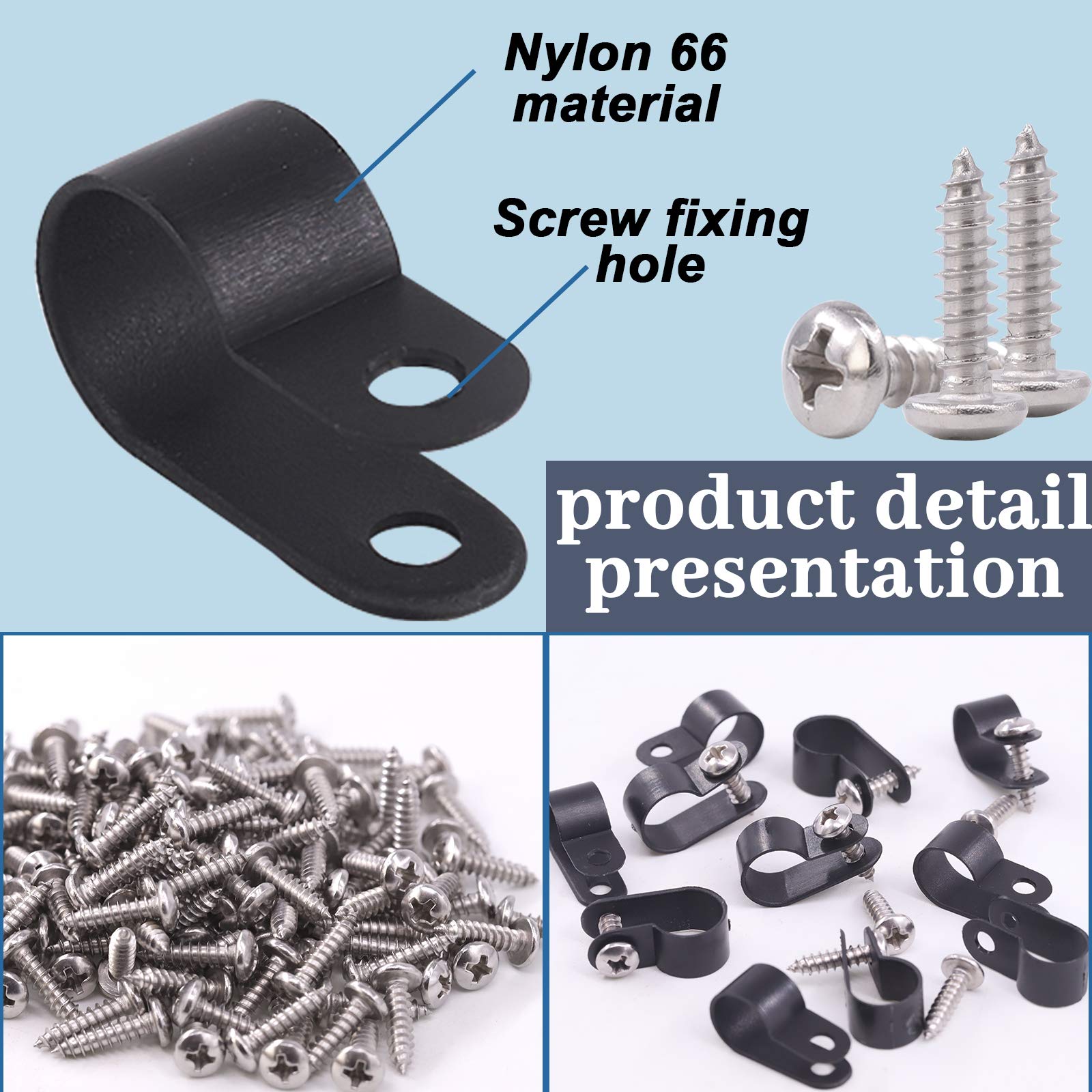 Glarks R-Type Screw Mounting Cable Clip Wire Clamp Nylon Black 1/4 Inch