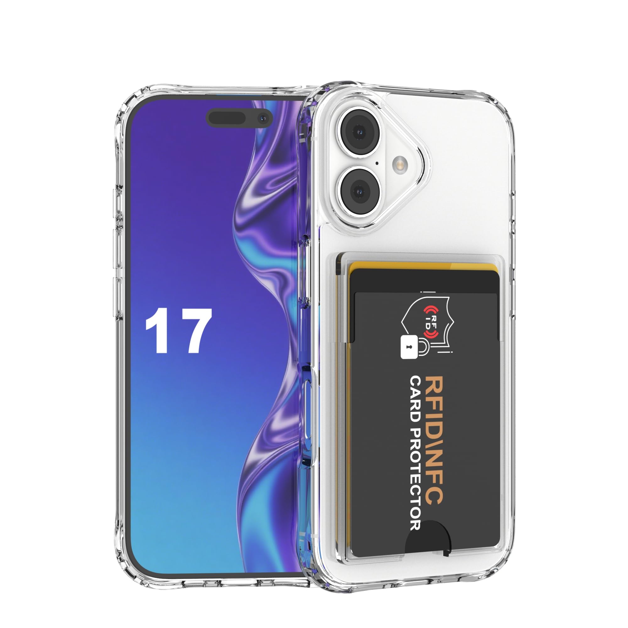 Wuwedo for iPhone 17 Clear Wallet Case with an RFID Blocking Card, Holds 1-2 Cards, Anti-Yellowing, Hybrid Protective Phone Case