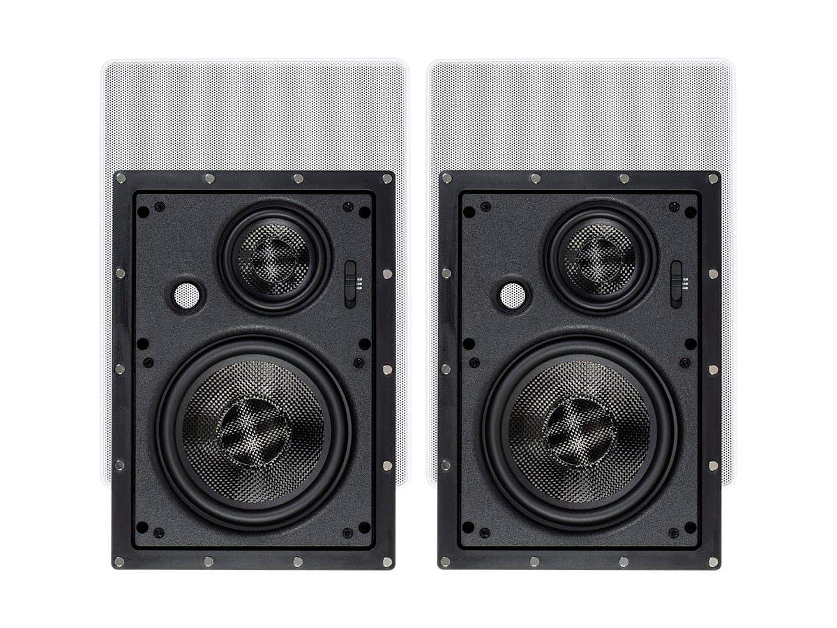 Monoprice 3 Way Carbon Fiber In Wall Speakers   6.5 Inch, Pair, With Magnetic Grille, Black   Alpha Series