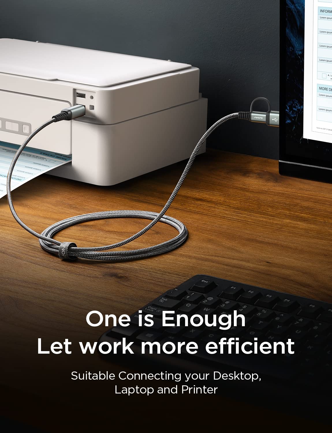 Ainope Printer Cable,[3.3Ft Grey] Usb Printer Cable High Speed For Macbook Pro/Air, Hp Canon Dell Epson Brother