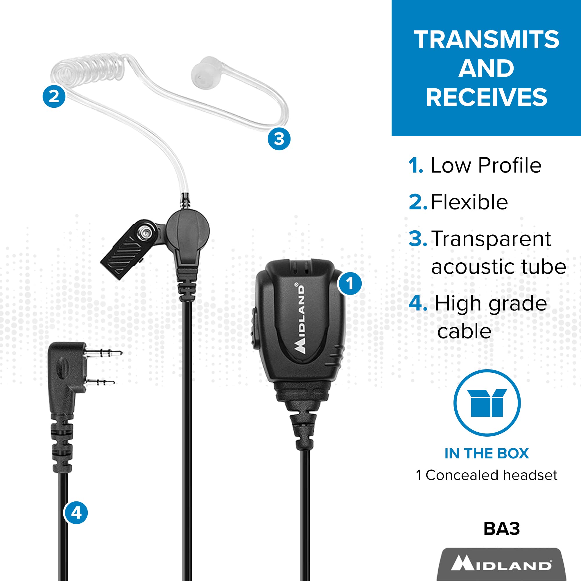 Midland � Ba3 Concealed Headset For Business Radios � Clear Earpiece With Push To Talk Microphone