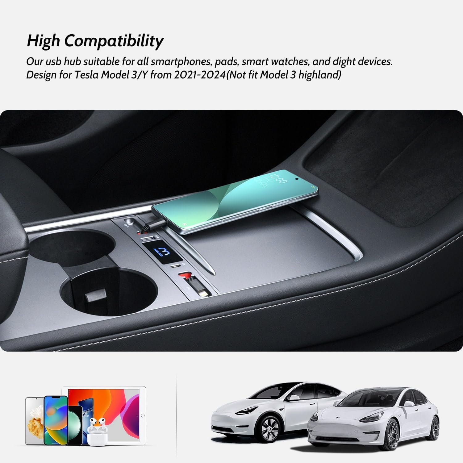 Mowlicas Upgrade Touch Switch Design For Tesla Usb Hub (Silver Gray), Retractable Car Charger Is Necessary Model Y 2024/2023/202