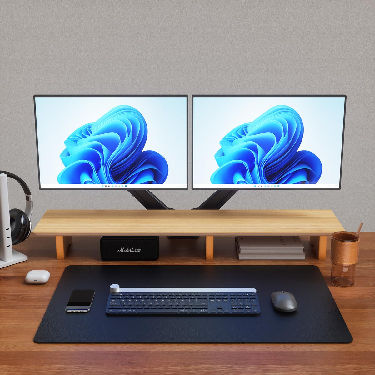 Aothia Large Dual Monitor Stand Riser, Solid Wood Desk Shelf With Eco ...