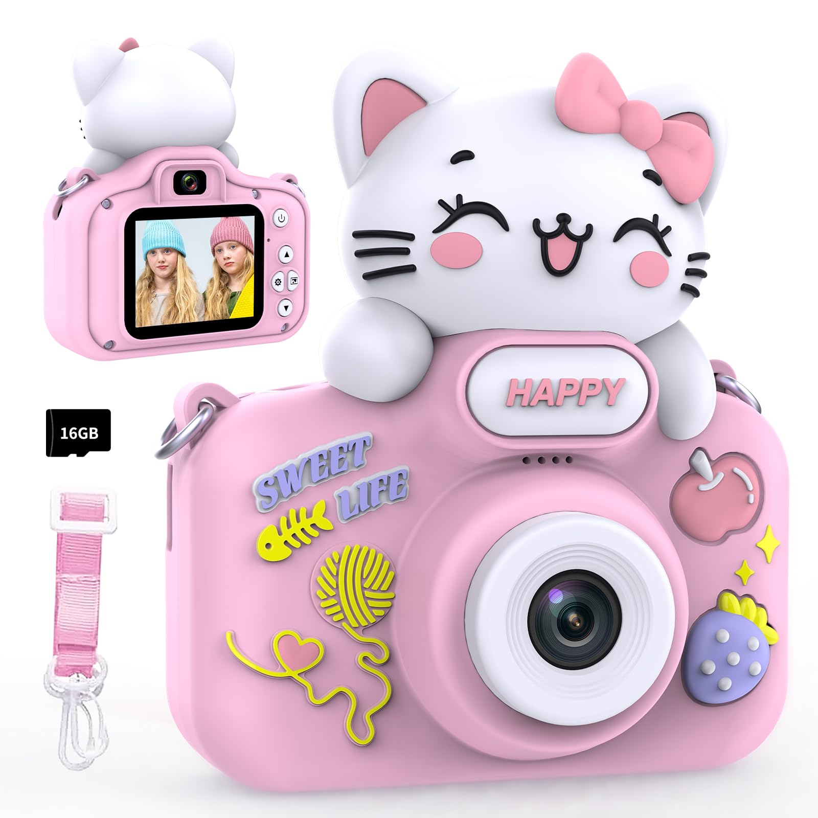 Kids Camera with Dual Lens for Girls Age 3-12, Toddler Camera Toy with 16GB Memory Card, Cute Pink Case, Christmas or Birthday G