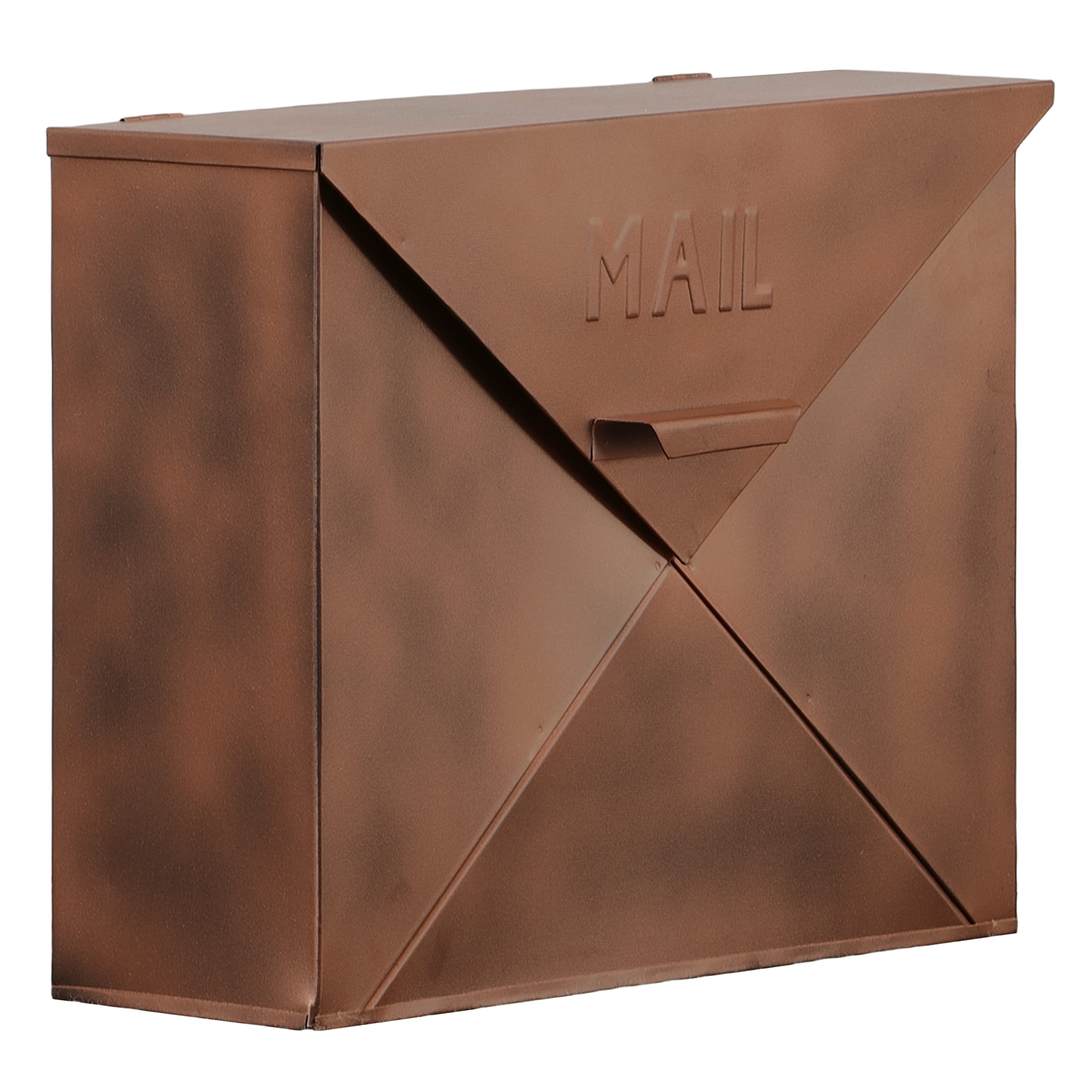 Benjara BM15926 Spacious Envelope Shaped Wall Mount Iron Mail Box, Copper Finish