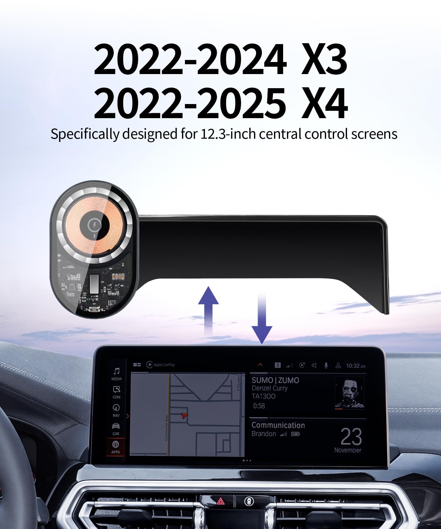 Masergogo Wireless Charging Car Phone Holder For Bmw X3 2022-2024/Bmw X4 2022-2025 Accessories 12.3-Inch Screen Fixed Clip,360 R