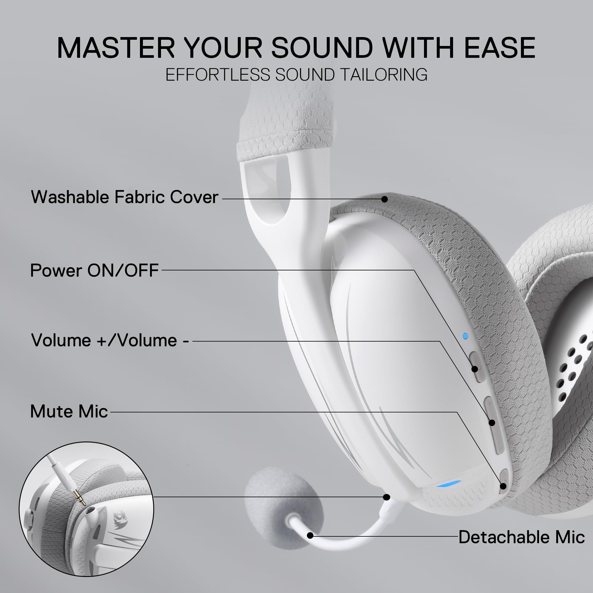 Redragon H878 3-Mode Wireless Blue Lighting Gaming Headset - Lightweight - 7.1 Surround Sound - 40Mm Drivers - Detachable Microp