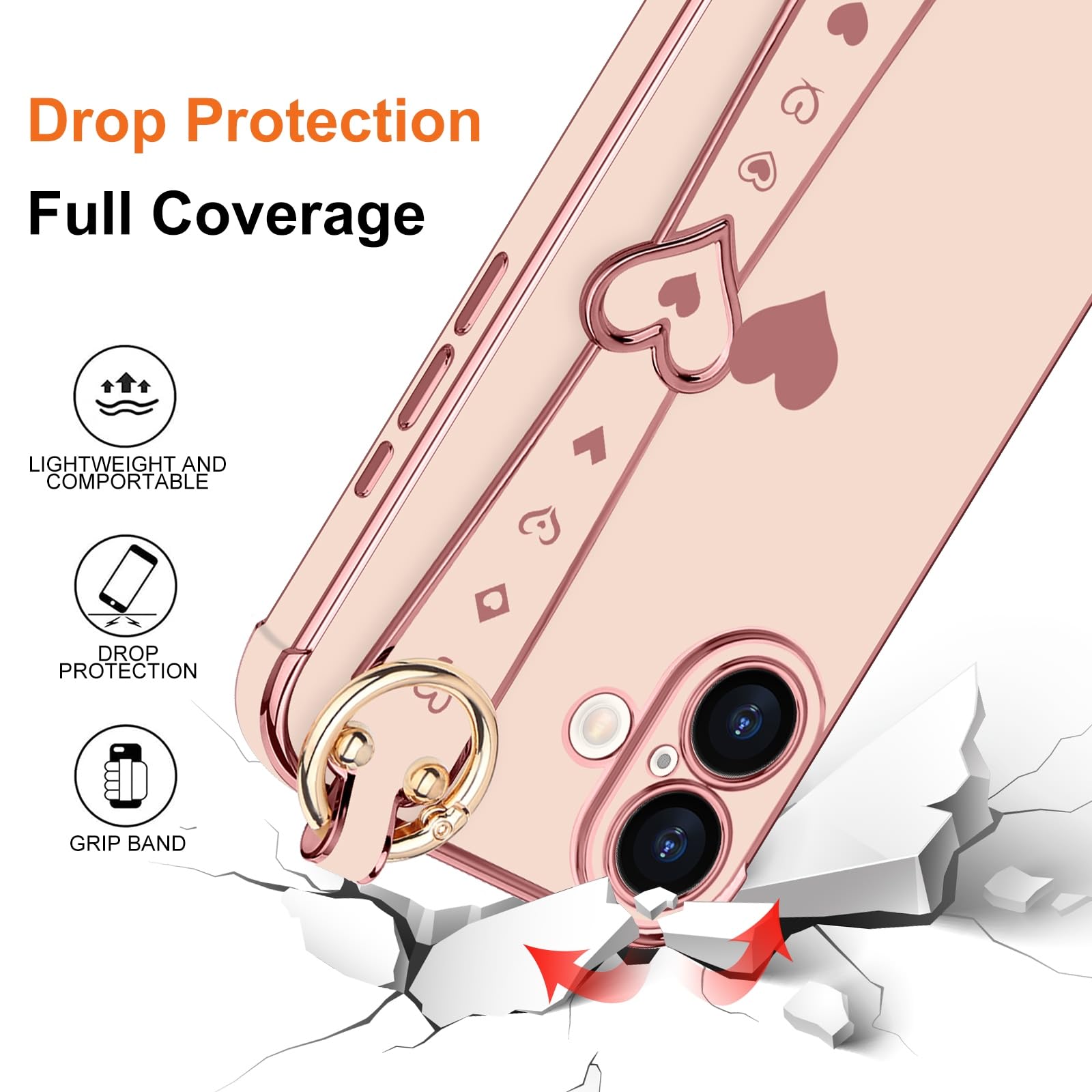 Llz.Coque For Iphone 16 Plus Case With Strap For Women Girls [2   Screen Protectors], Cute Love Hearts Design, Wristband Kicksta