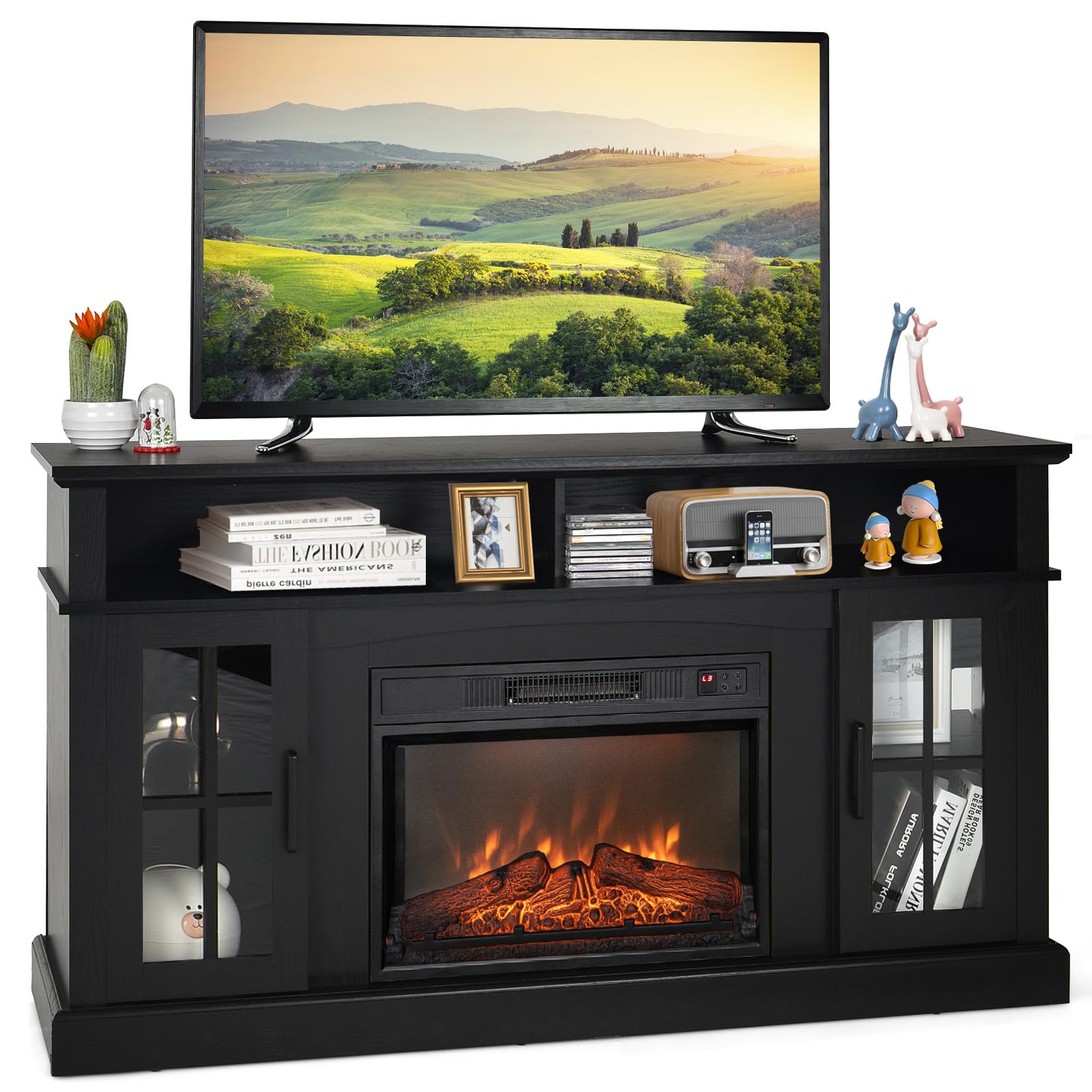 Tangkula Fireplace Tv Stand For Tvs Up To 65 Inch, 23 Inches Electric Fireplace With Remote Control, Overheat Protection, 3 Leve