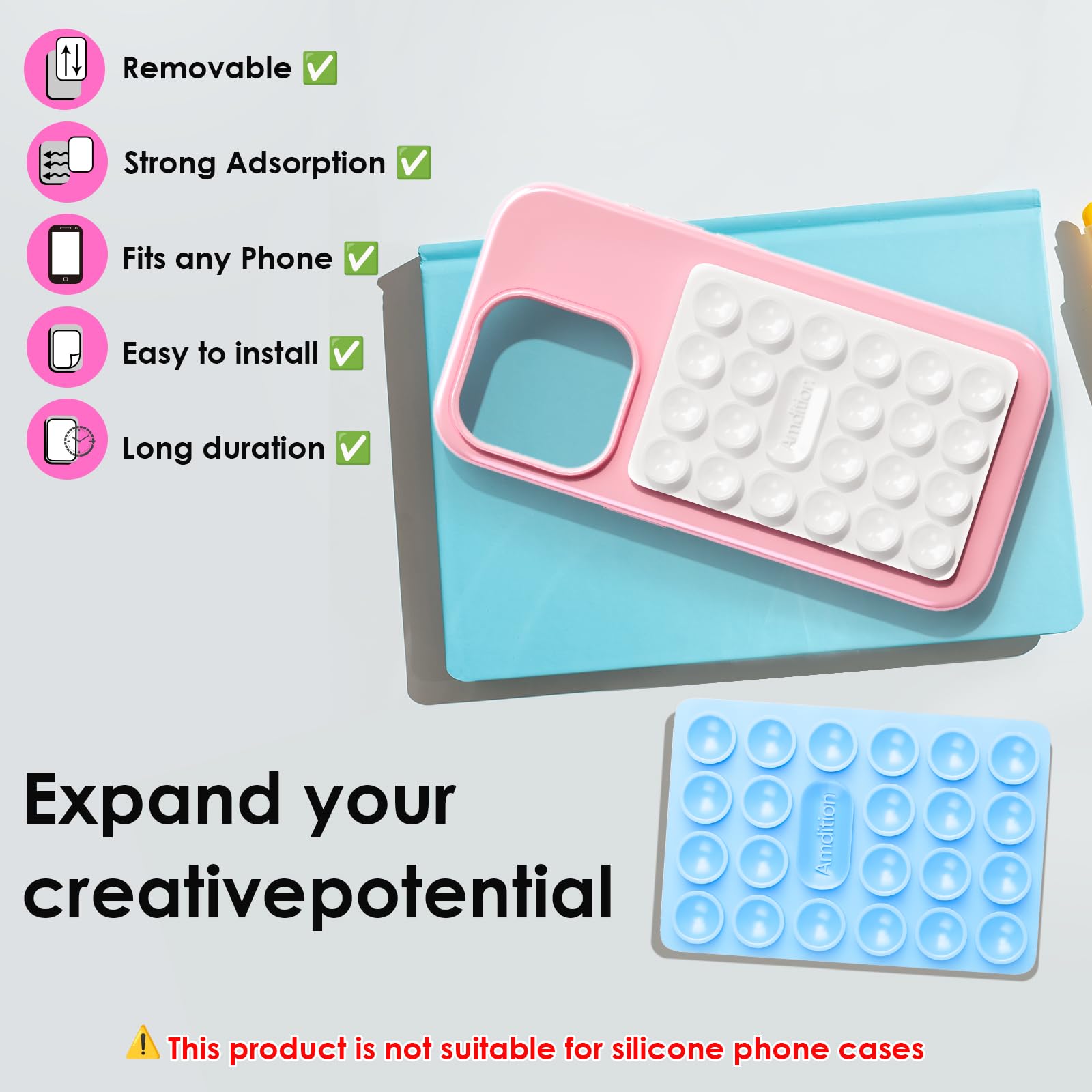 Royviva Double-Sided Silicone Suction Cup Phone Case Mount, Hands-Free Strong Grip Holder For Selfies & Videos, Universal Silico