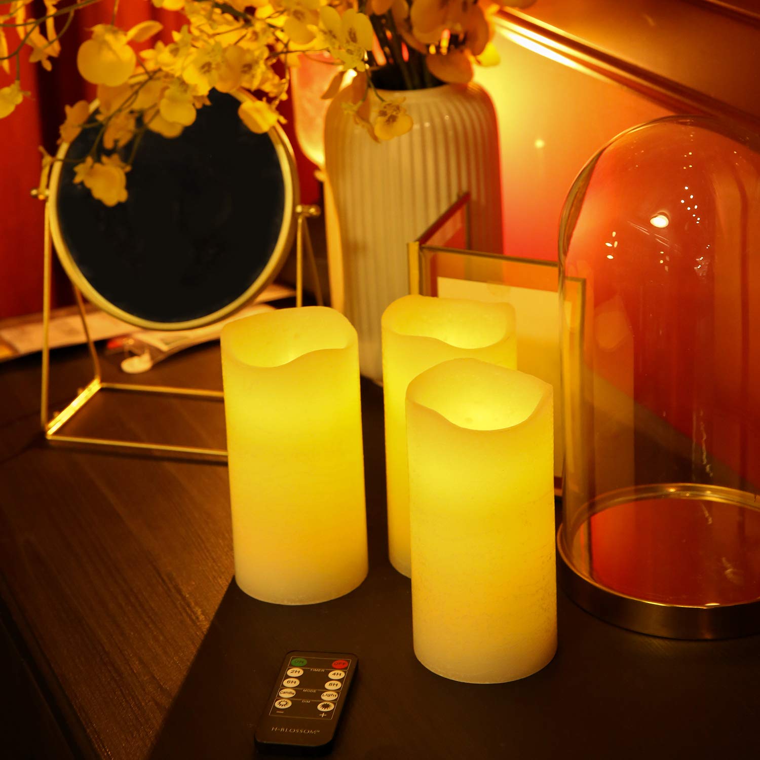 H Blossom Flameless Candles Battery Operated Real Wax Pillar Led Candles With 10 Key Remote Control Cycling 24 Hours Timer Set O