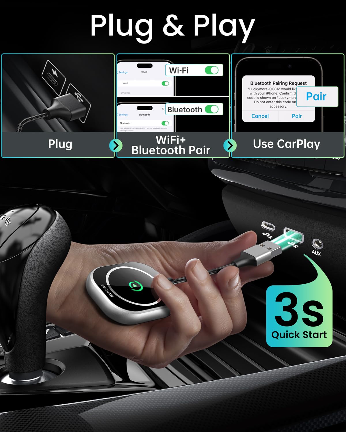 Smqmaw Wireless Carplay Adapter, Converts Factory Wired Carplay To Wireless Carplay Dongle Plug & Play Carplay Wireless Adapter