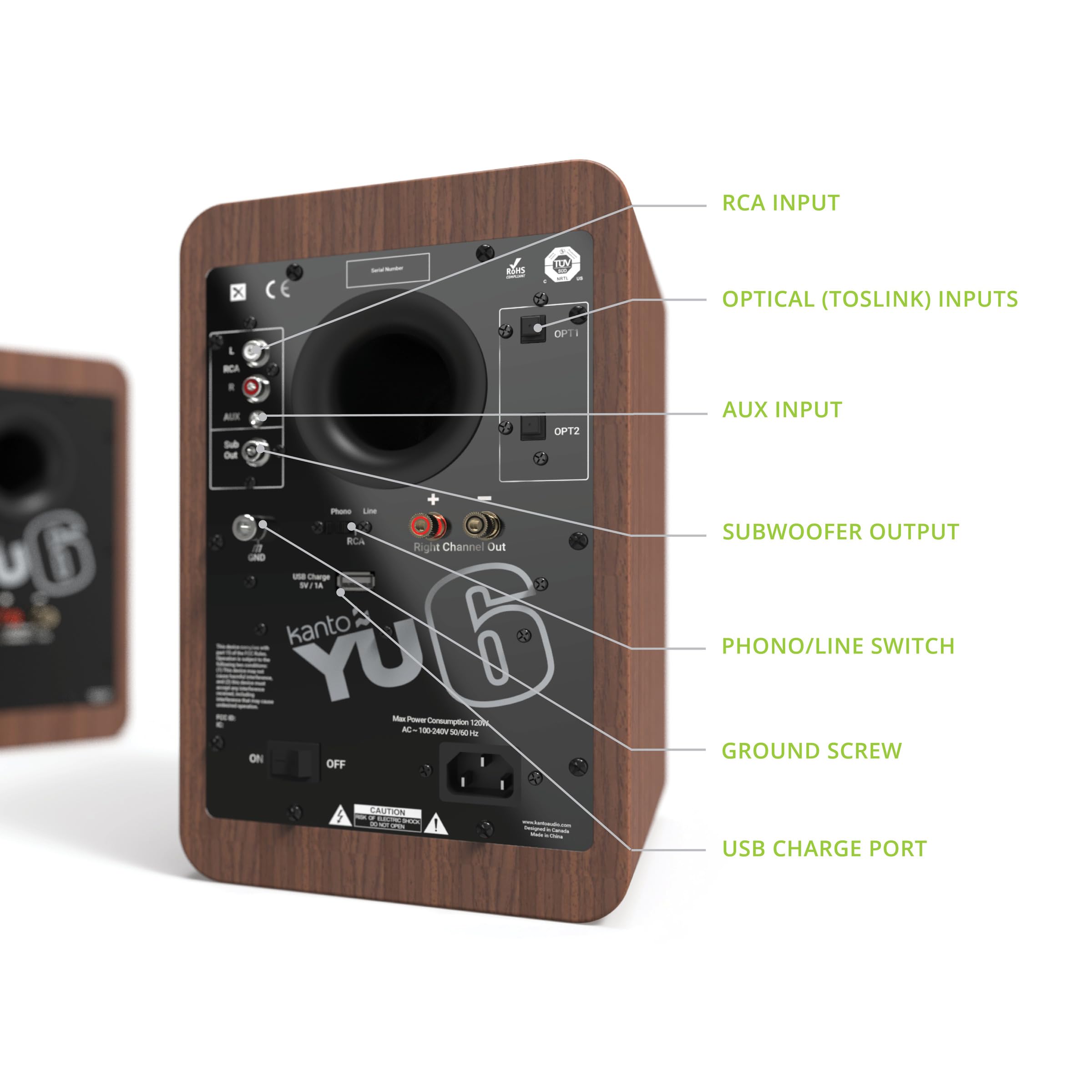 Kanto Yu6Walnut Powered Bookshelf Speakers With Bluetooth And Phono Preamp | Pair | Walnut