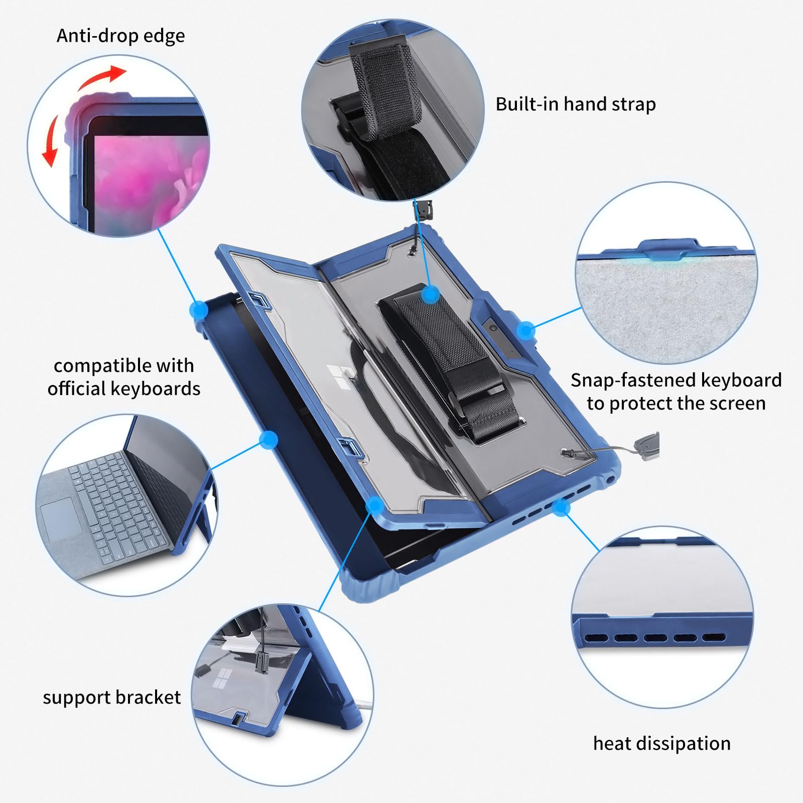 Aoaofor Microsoft Surface Pro 7/6/5/4 Case With Shoulder Strap, Hand Strap, Stylus Pen Holder, Rugged, Shock Absorbing And Drop