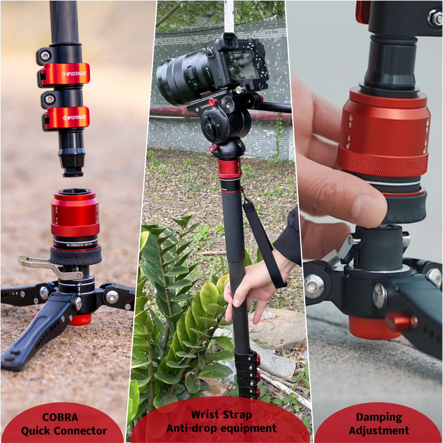 Ifootage 71'' Monopod For Cameras With Fluid Head, Carbon Fiber Monopod For Cameras With Video Head, Cobra 3 C180F P & Komodo K5