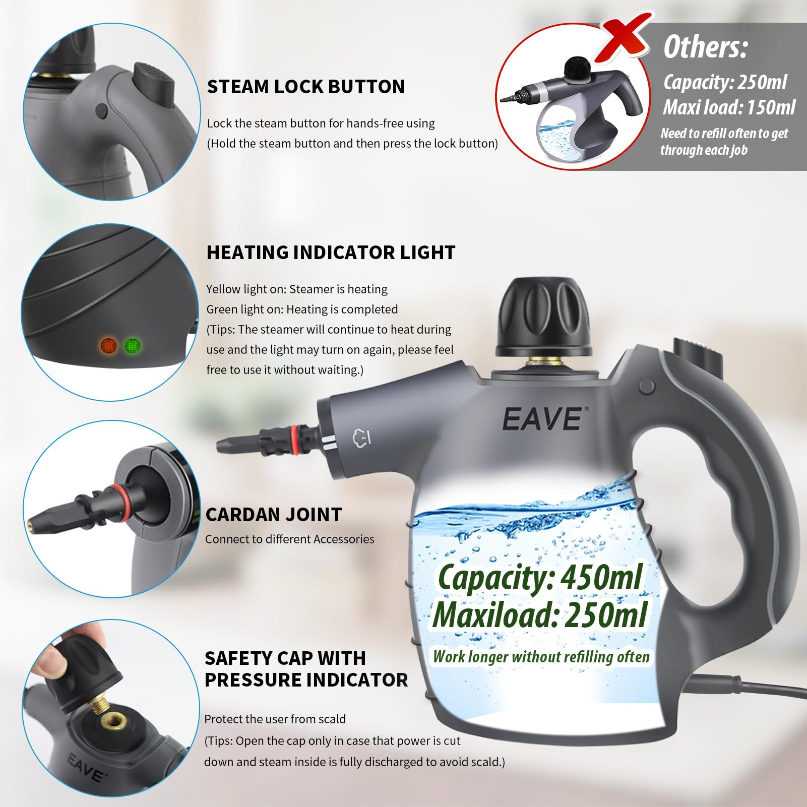 Handheld Steam Cleaner, Portable Steamer For Cleaning, With Steam Lock Button For Hands Free Steaming, 12 In 1 Set Pressurized H