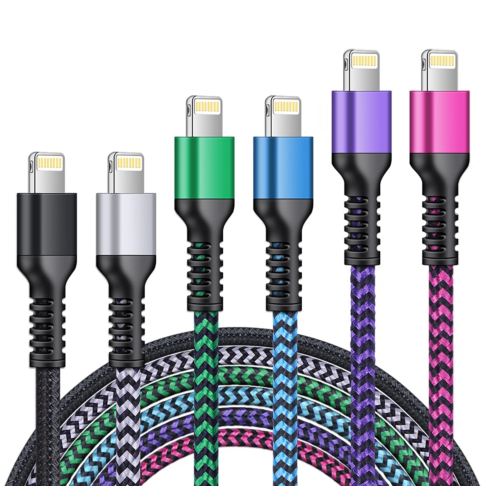 Iphone Charger [6Ft 6Pack] Apple Certified Lightning Cable Fast Charging Nylon Braided Phone Charger Cord For Iphone 14 13 12 Pr