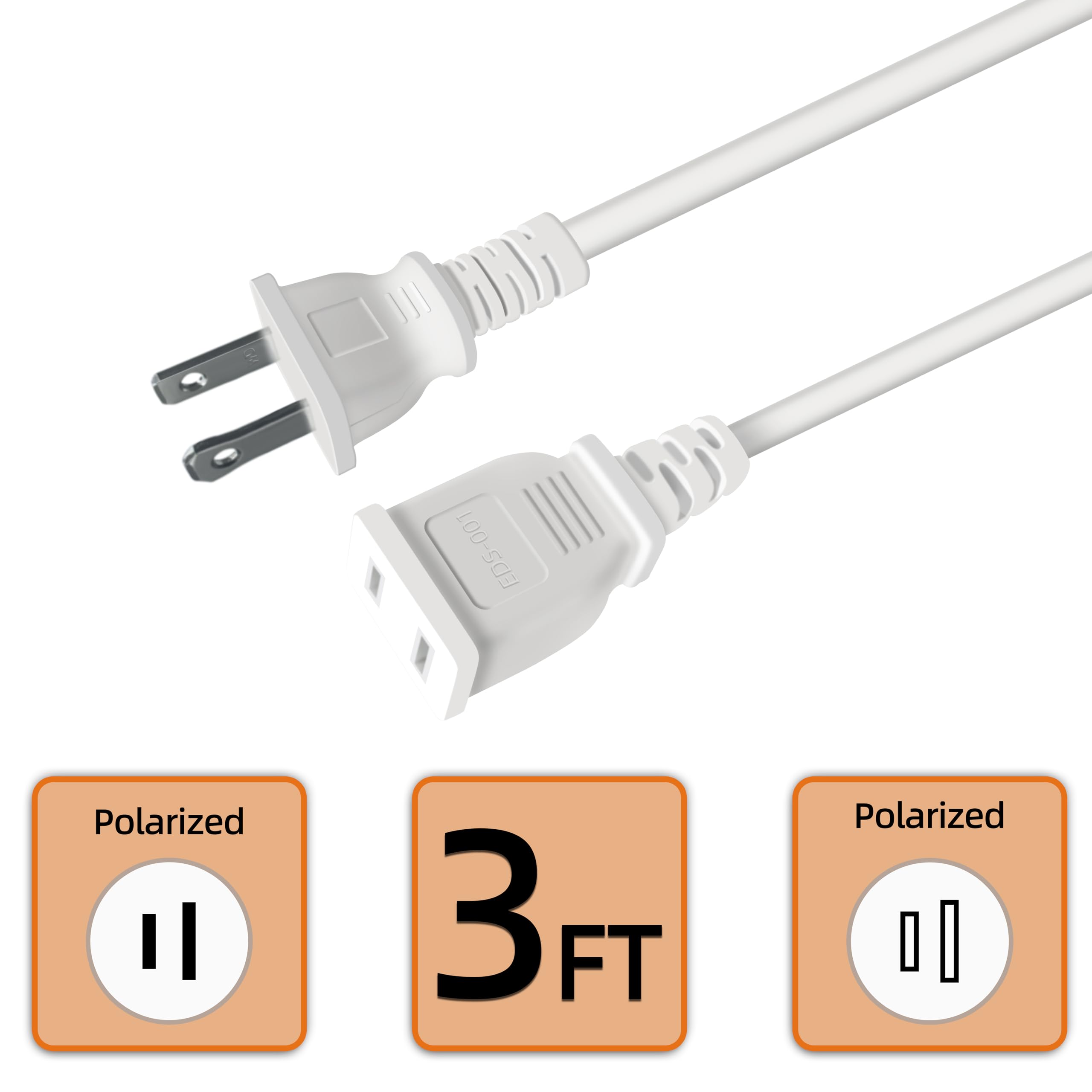 3Ft White Extension Cord Thin Flexible 2 Prong Single Outlet 125V 10A For Indoor Use Ideal For Holiday Lights, Lamps, Security C