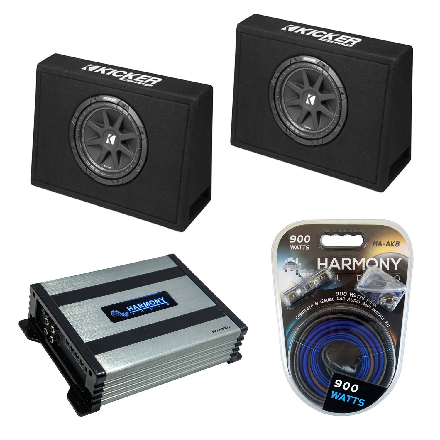 Harmony Audio Kicker Bundle Compatible With Universal Truck (2) 43Ct104 Car Audio Single 10' Loaded Sub Box Enclosure With Harmony Ha A400.1 Amplifier And Amp Wiring Kit