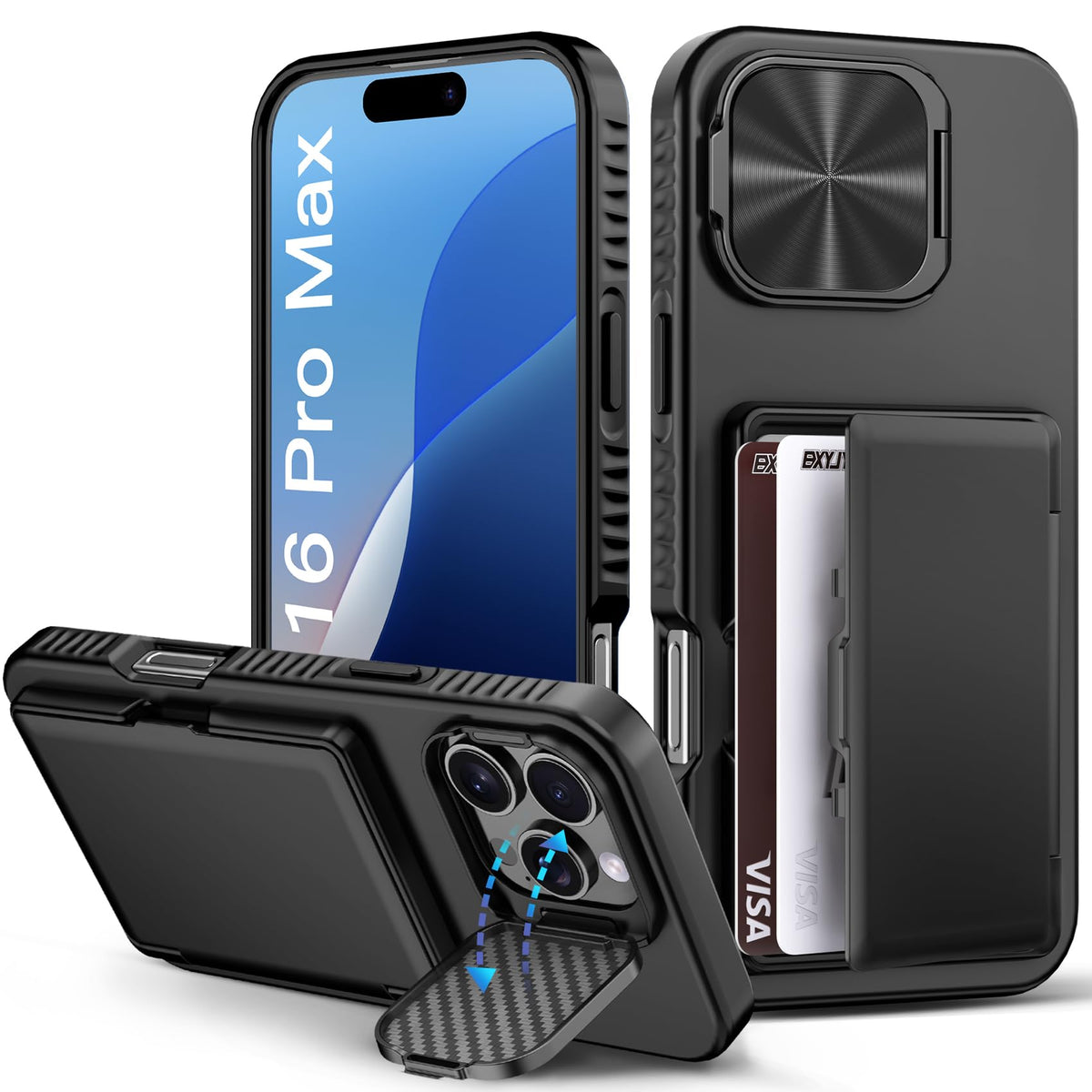 Bxyjy For Iphone 16 Pro Max Case Wallet, Built In Card Holder (4 5 Cards), Camera Cover Stand, Military Grade Drop Protection, R
