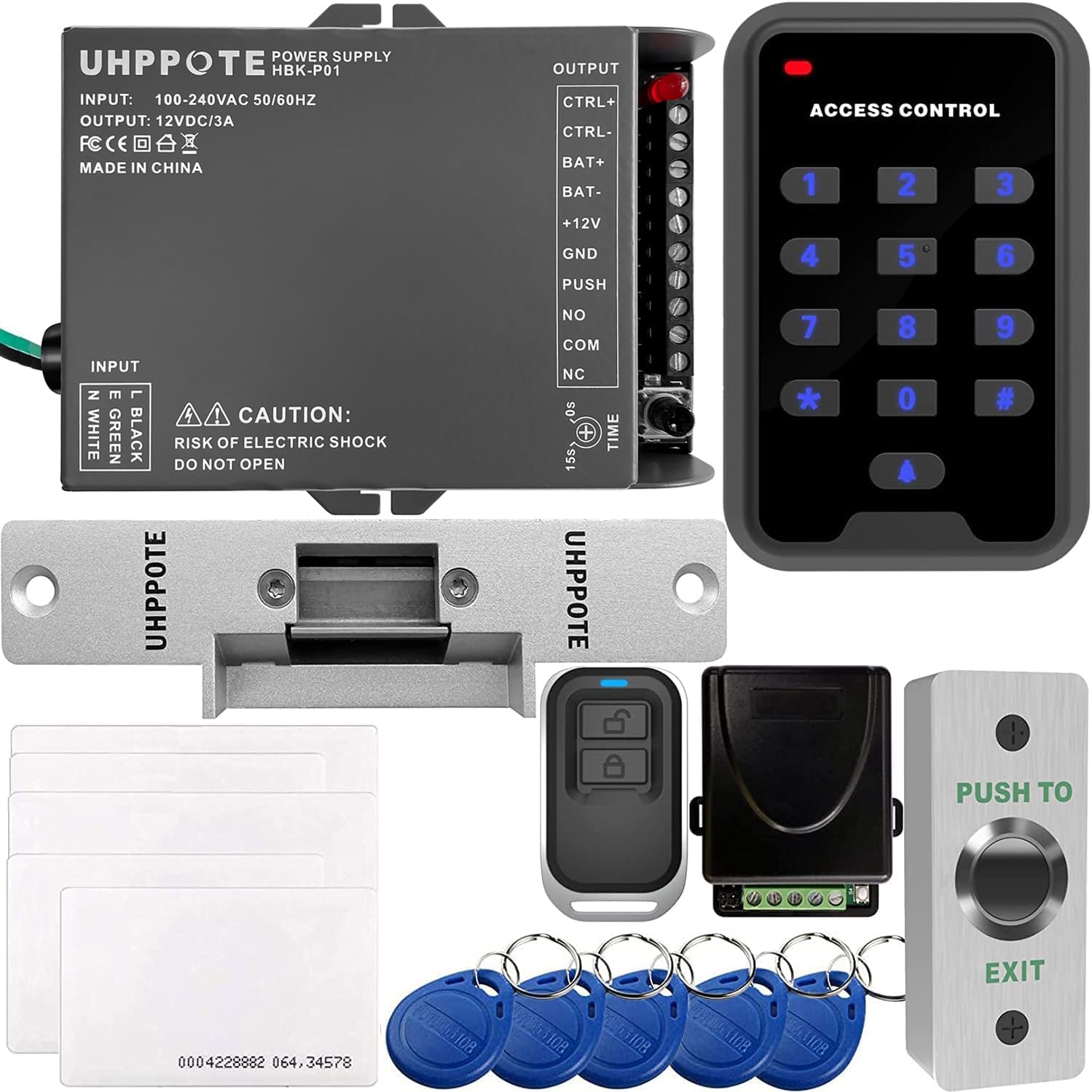 Uhppote 125Khz Rfid Em Id Keypad Stand Alone Door Access Control Kit With Strike Lock Remote Control Exit Button