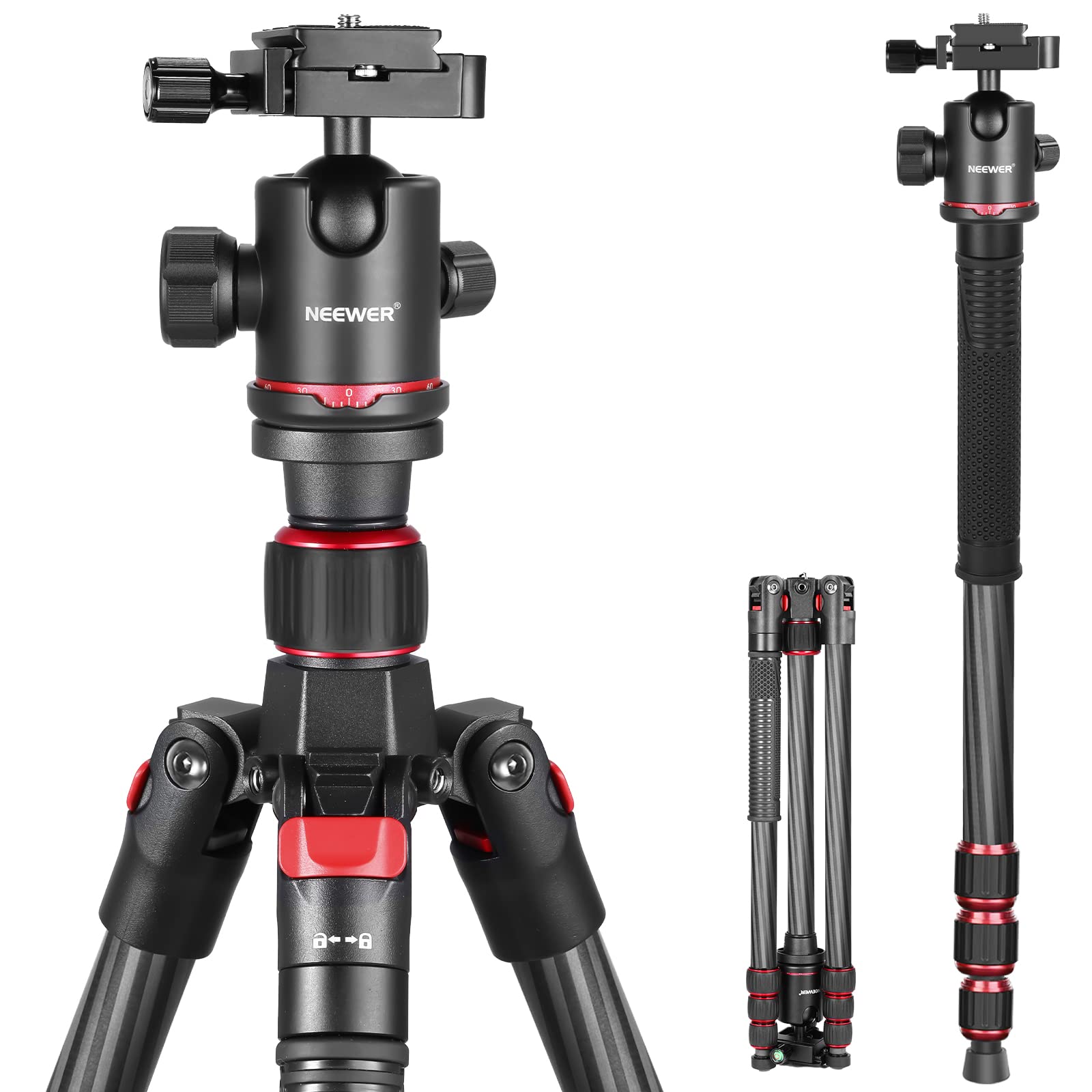 Neewer 66''/168Cm Carbon Fiber Tripod For Camera With 360 Panorama Ball Head, 1/4'' Arca Qr Plate, Portable Bag, Compact Travel
