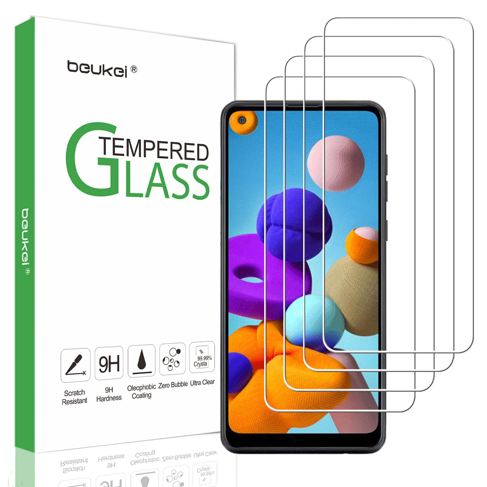 Beukei (4 Pack) For Samsung Galaxy A21 Screen Protector Tempered Glass, Anti Scratch, Bubble Free