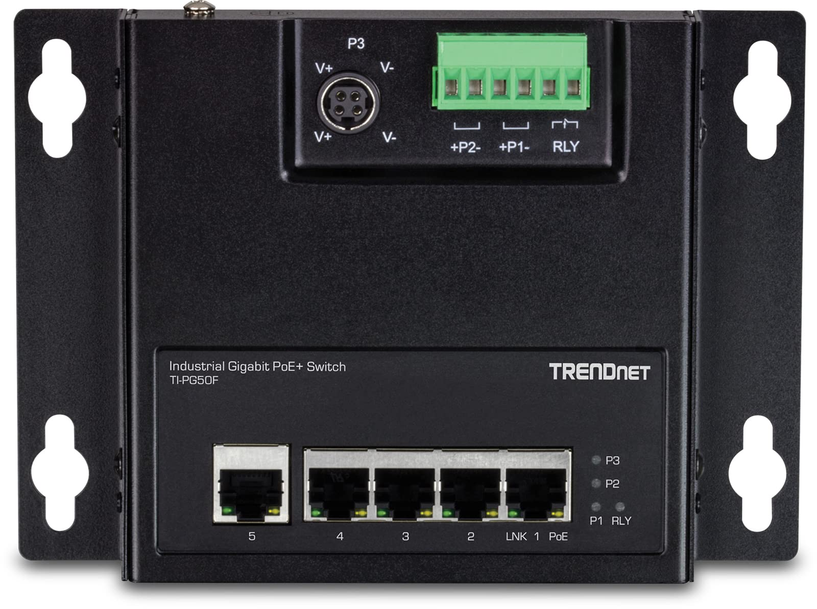 Trendnet 5 Port Industrial Gigabit Poe+ Wall Mounted Front Access Switch, 5X Gigabit Poe+ Ports, Din Rail Mount, 48  57V Dc Powe