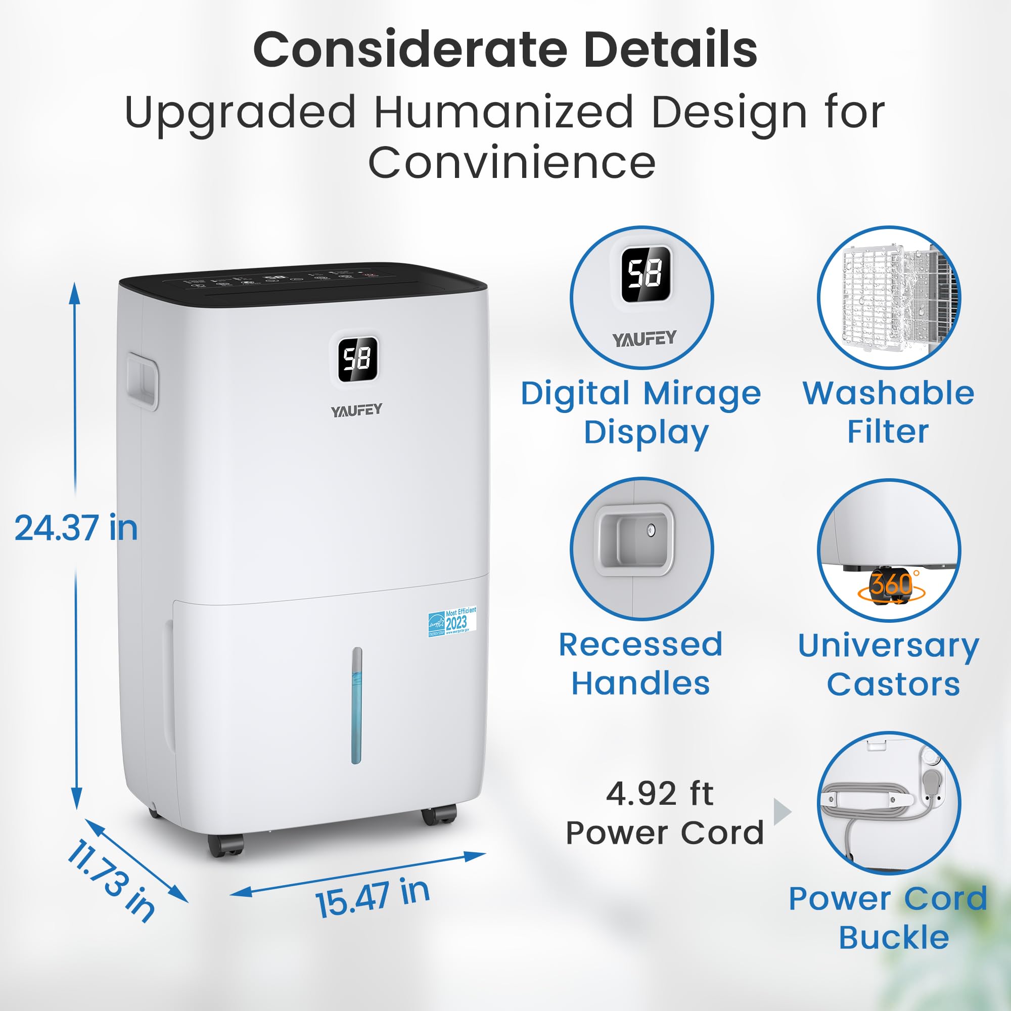 Yaufey 150 Pints Energy Star Dehumidifier For Home, Basement And Large Room Up To 7000 Sq. Ft., With Drain Hose, Timer, Intellig