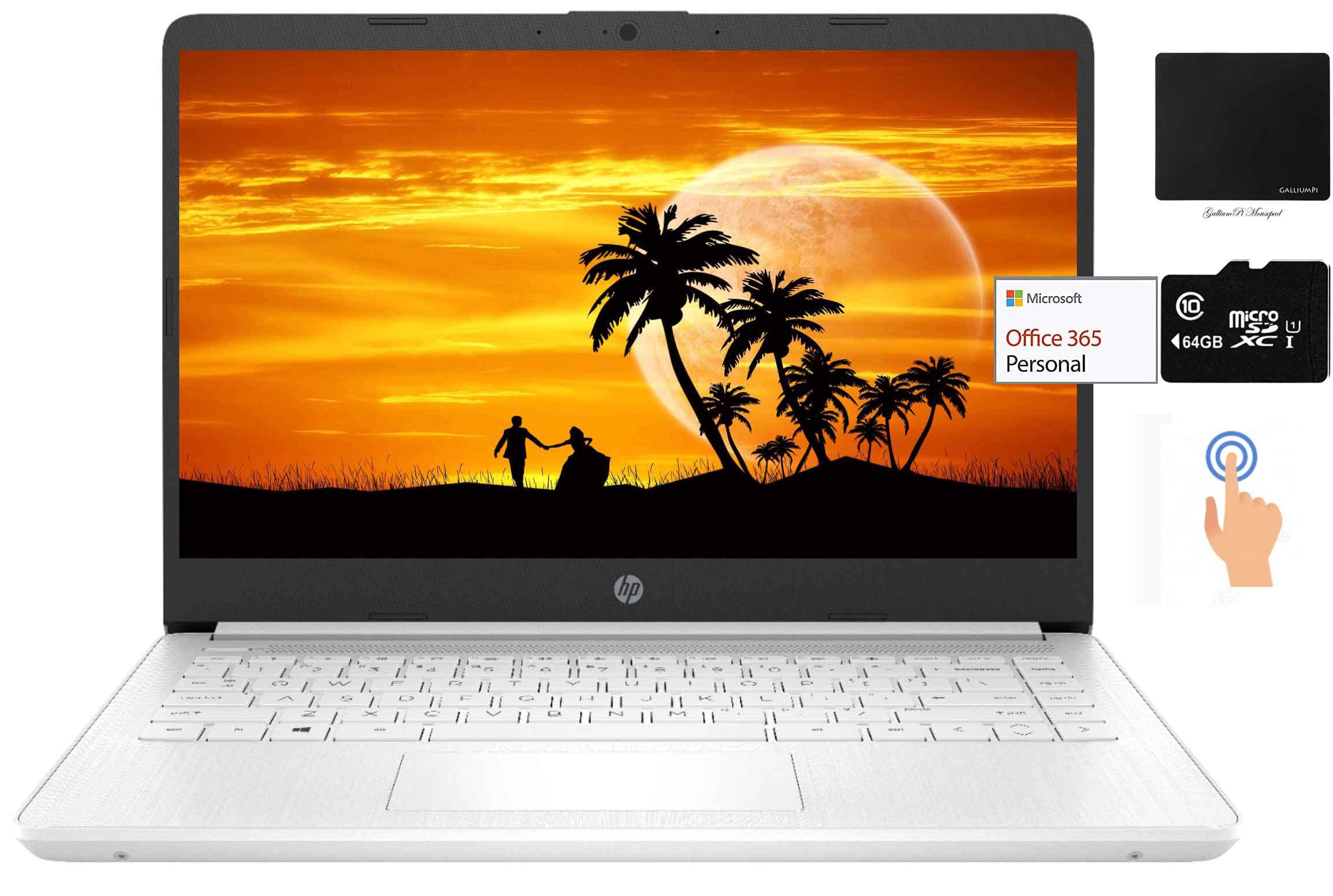 HP 14' Touchscreen Laptop, Intel Dual Core N4020, 8GB DDR4 RAM, 128GB Storage(64GB eMMC+64GB Micro SD), Webcam, 1Yr Office, Bundle with GalliumPi Mousepad (White)